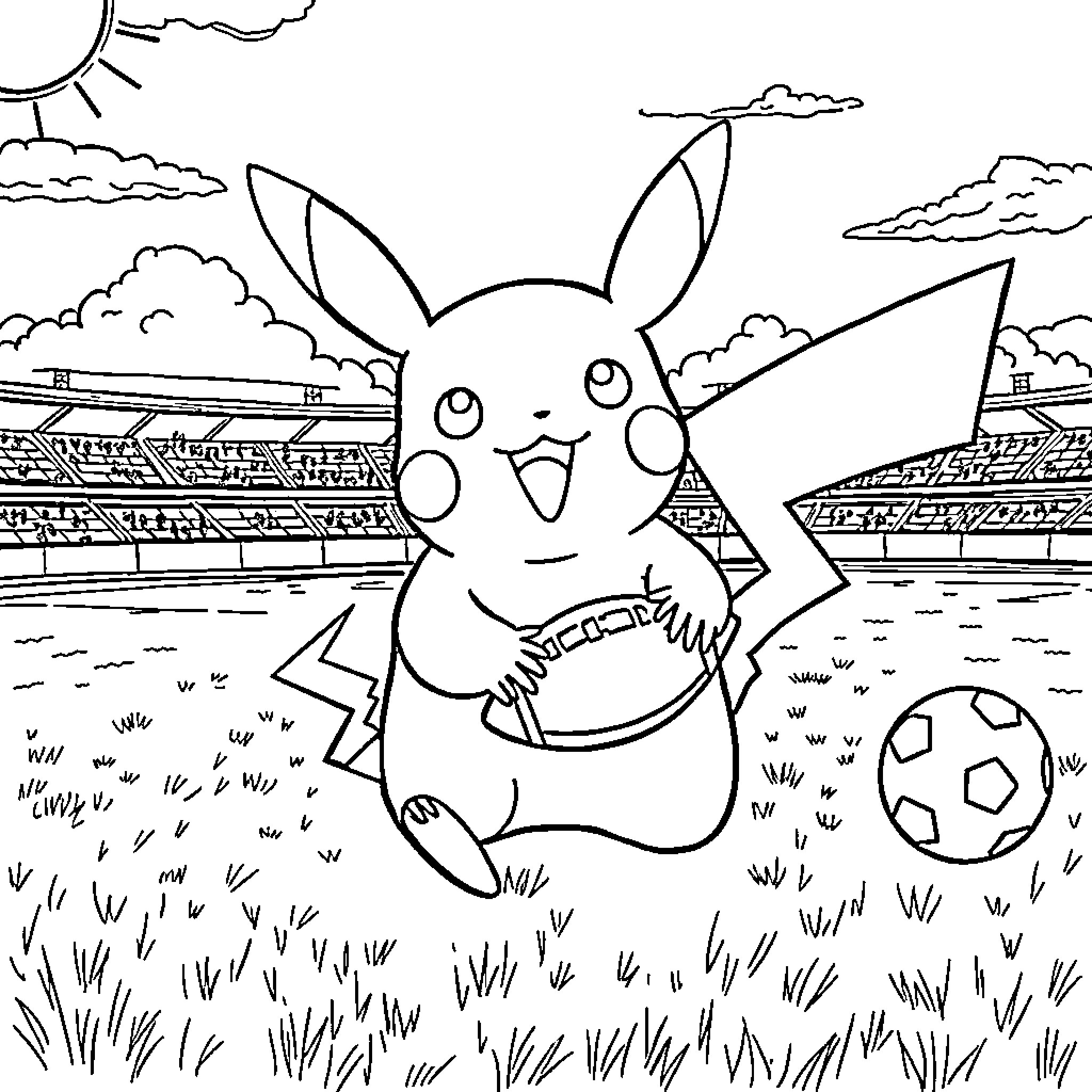 Pikachu playing joyfully with a soccer ball on a sports field Coloring Page (free black-and-white line drawing printable PDF for all, from beginners to advanced learners, including children, teens, adults, and seniors)