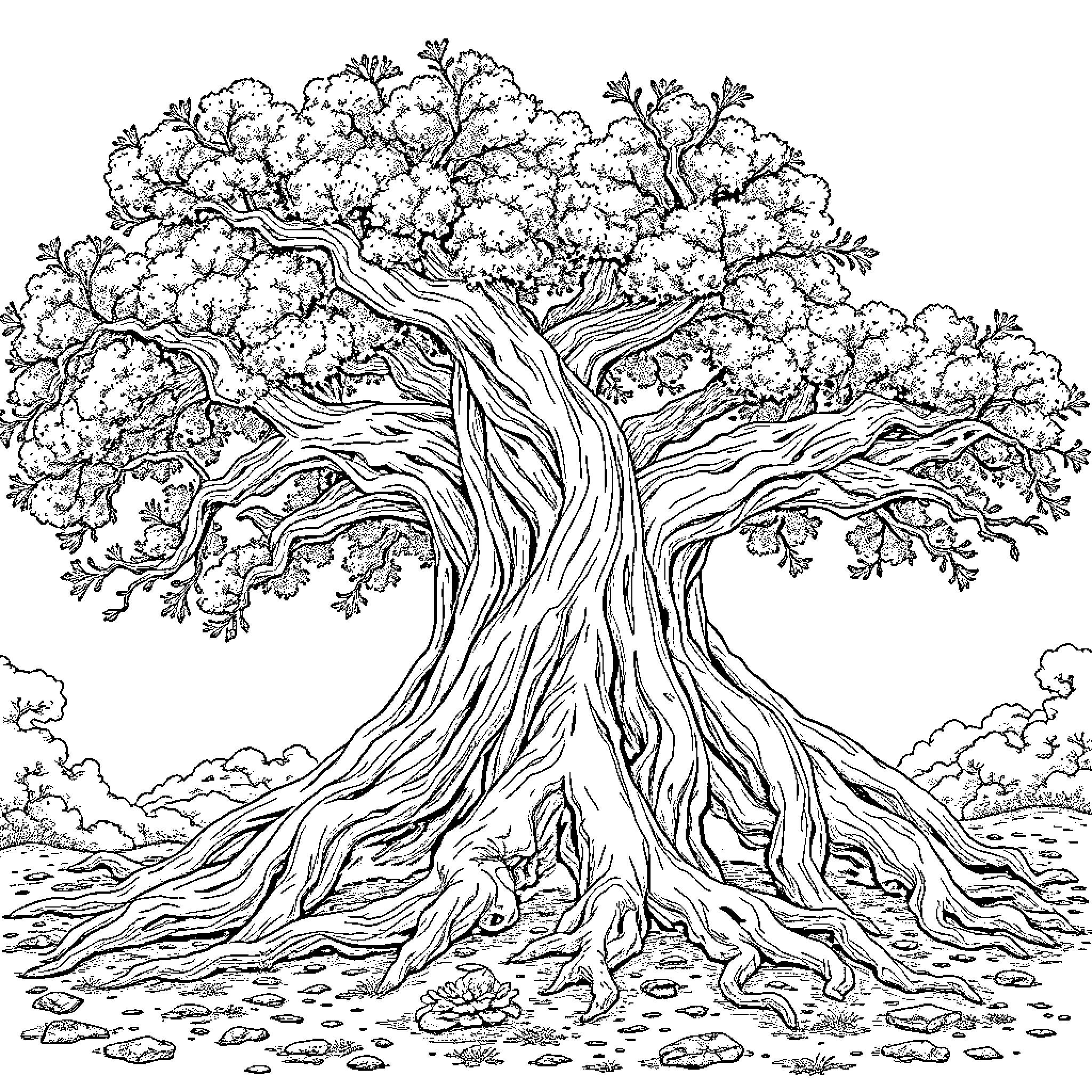 Oak tree with sprawling roots and dense foliage Coloring Page (free black-and-white line drawing printable PDF for all, from beginners to advanced learners, including children, teens, adults, and seniors)