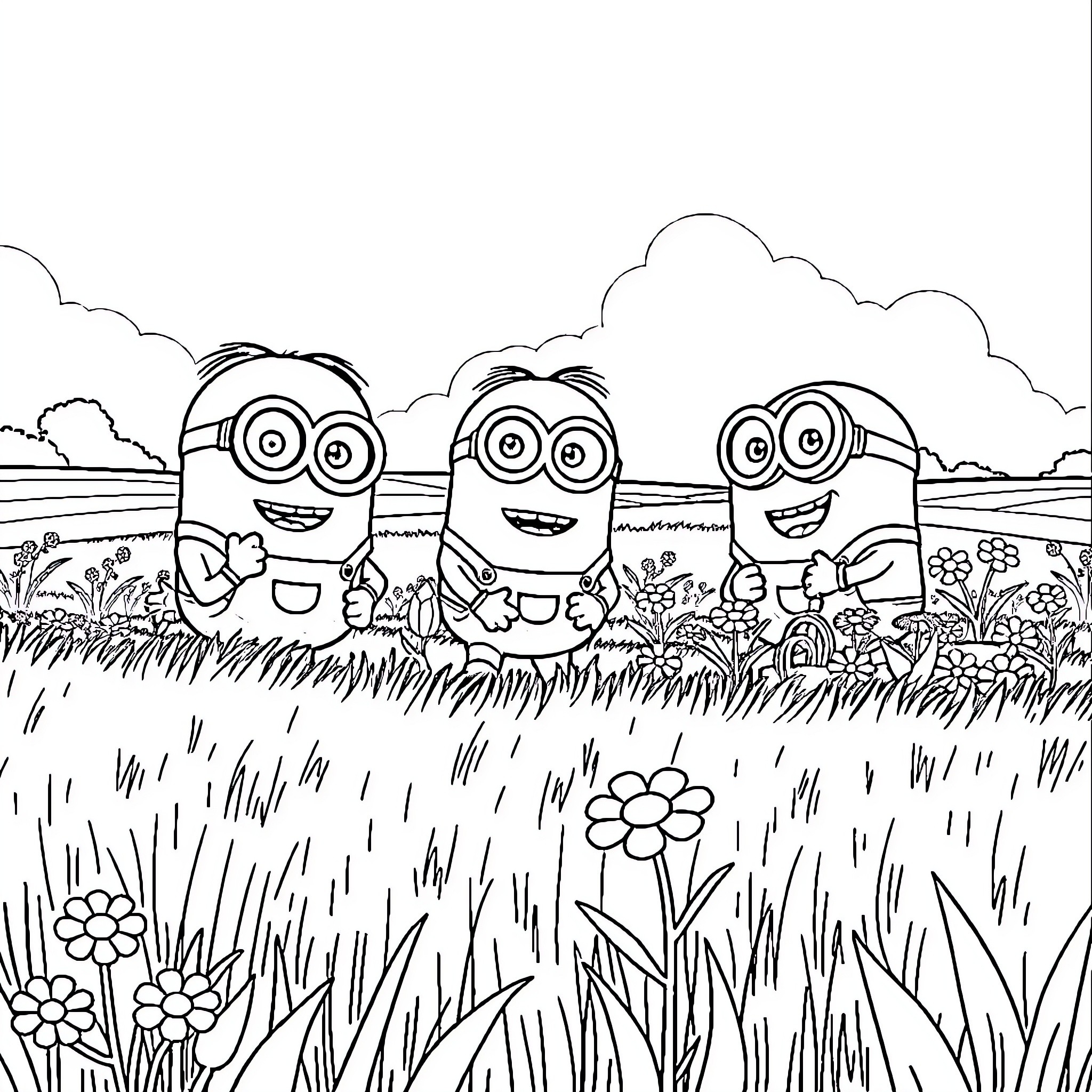 Minions playing happily in a grassy field Coloring Page (free black-and-white line drawing printable PDF for all, from beginners to advanced learners, including children, teens, adults, and seniors)
