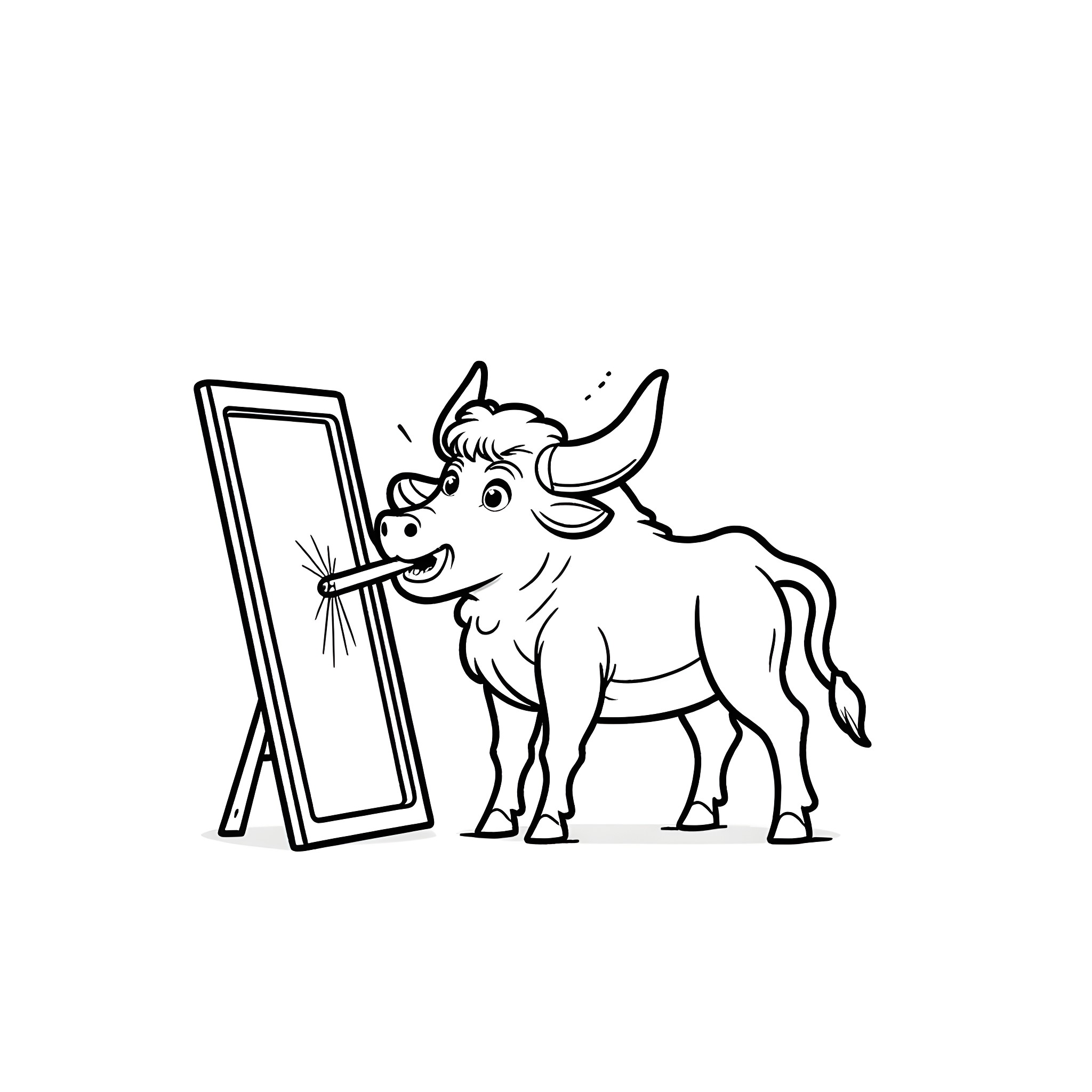 Bull admiring itself in a mirror Coloring Page (free black-and-white line drawing printable PDF for all, from beginners to advanced learners, including children, teens, adults, and seniors)
