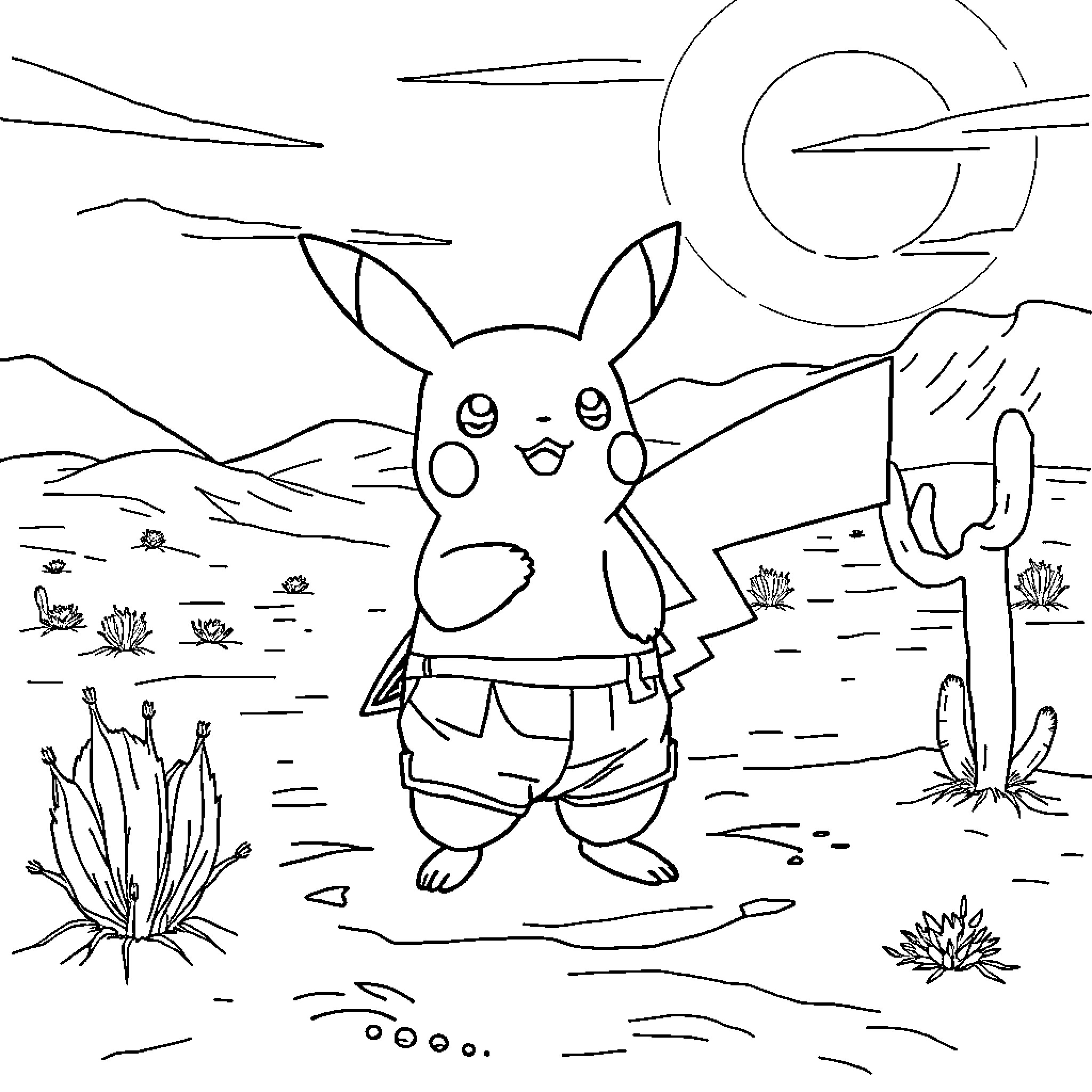 Pikachu explores the desert landscape Coloring Page (free black-and-white line drawing printable PDF for all, from beginners to advanced learners, including children, teens, adults, and seniors)