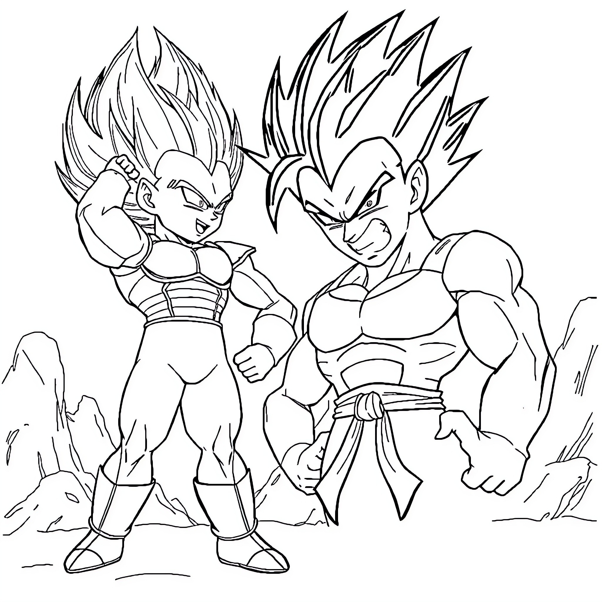 Vegeta and Goku in fierce battle stance Coloring Page (free black-and-white line drawing printable PDF for all, from beginners to advanced learners, including children, teens, adults, and seniors)