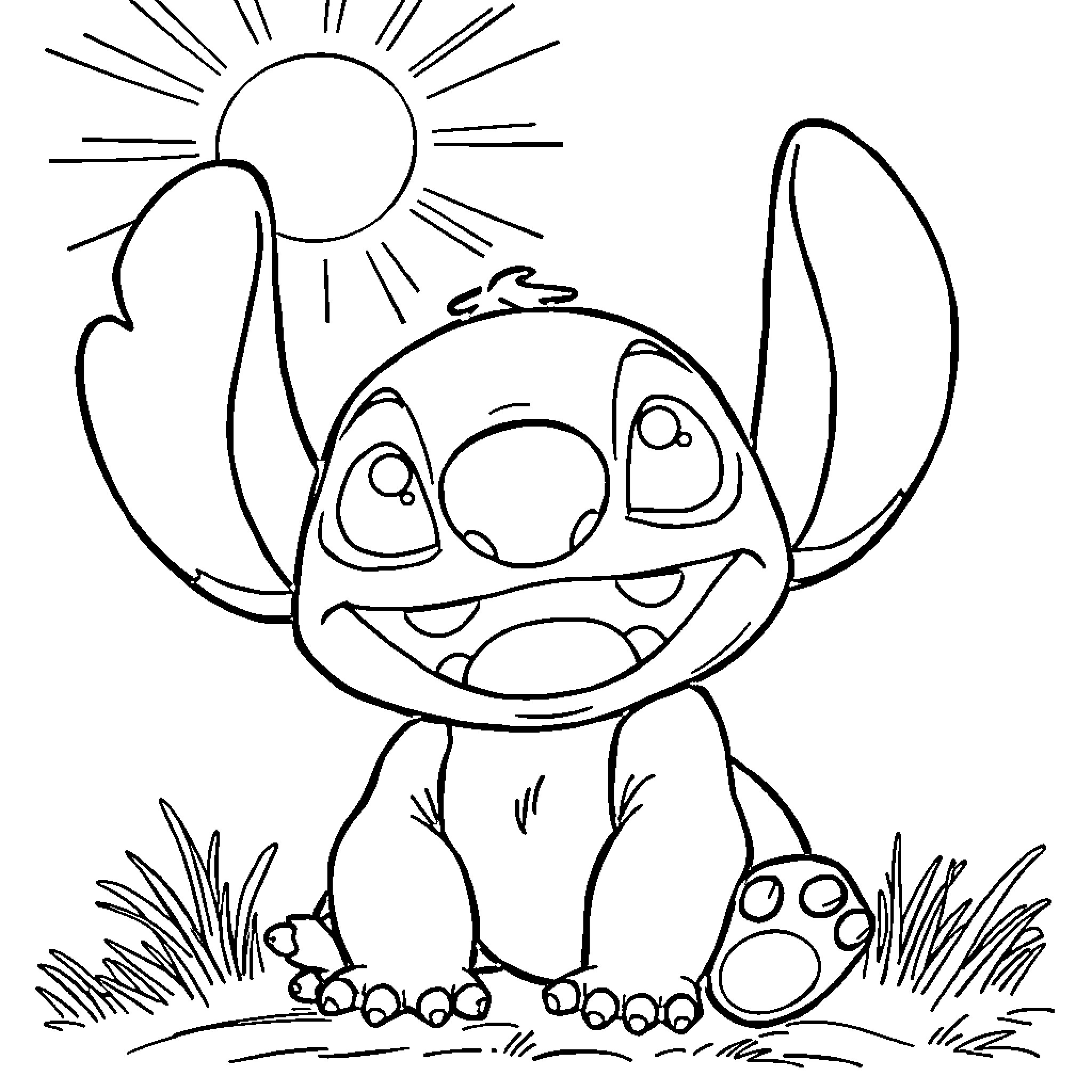 Stitch enjoying the sunny day Coloring Page (free black-and-white line drawing printable PDF for all, from beginners to advanced learners, including children, teens, adults, and seniors)