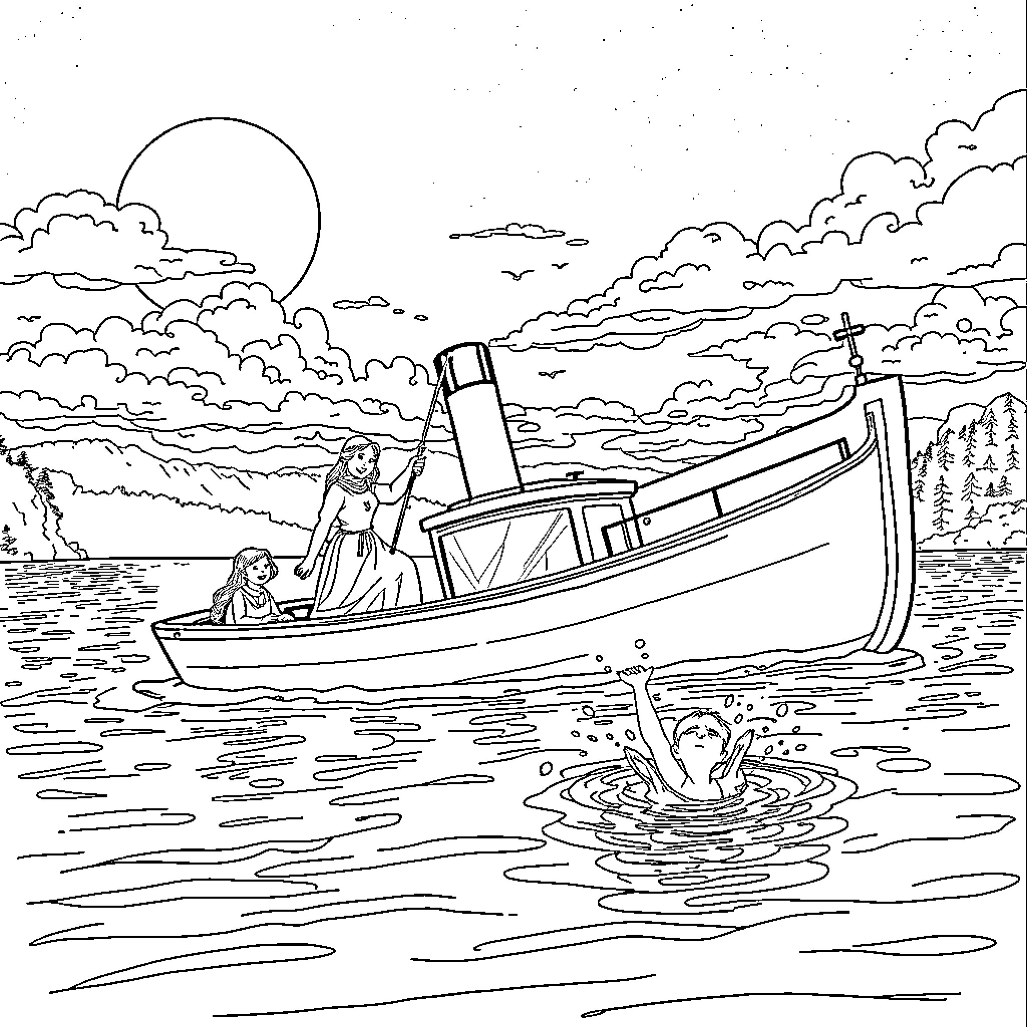 Vecna's Ghostly Vessel in Mysterious Waters Coloring Page (free black-and-white line drawing printable PDF for all, from beginners to advanced learners, including children, teens, adults, and seniors)