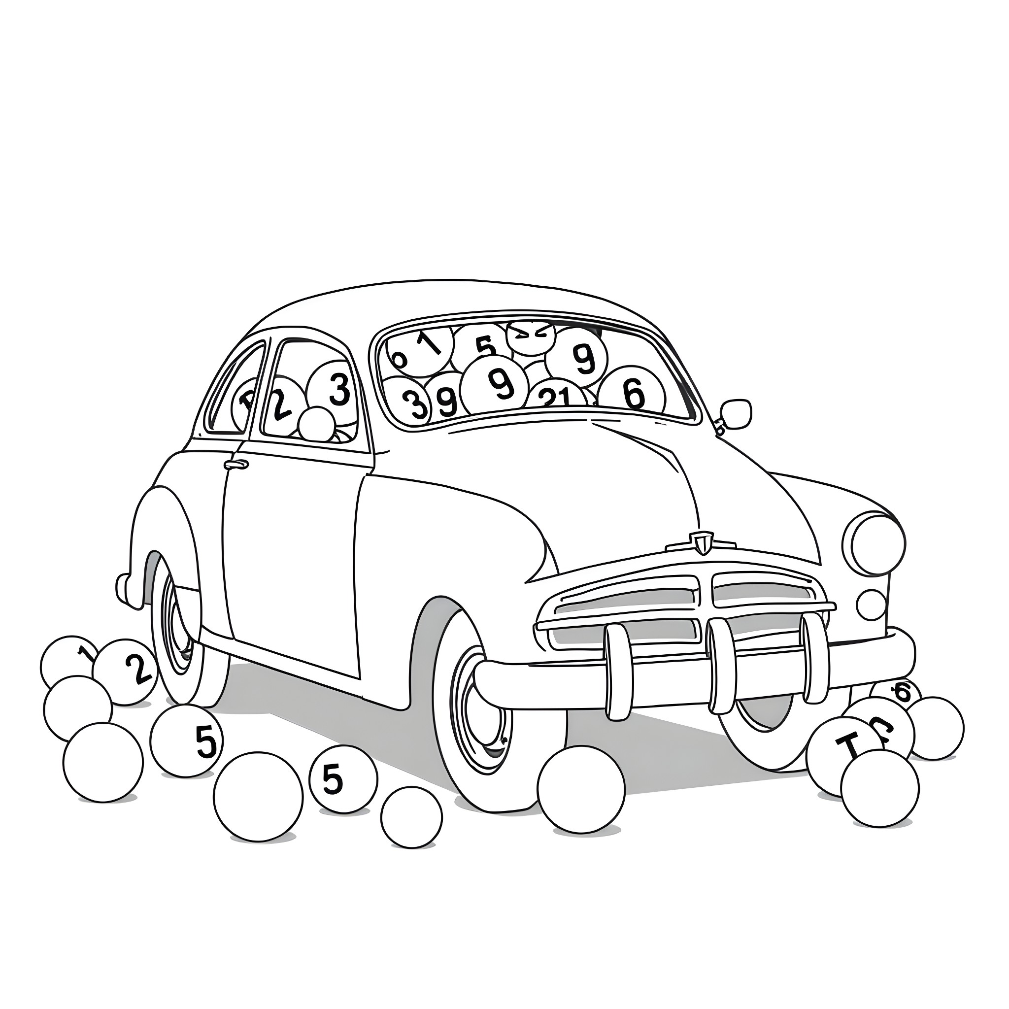 Ball-shaped car playing with numbered balls Coloring Page (free black-and-white line drawing printable PDF for all, from beginners to advanced learners, including children, teens, adults, and seniors)