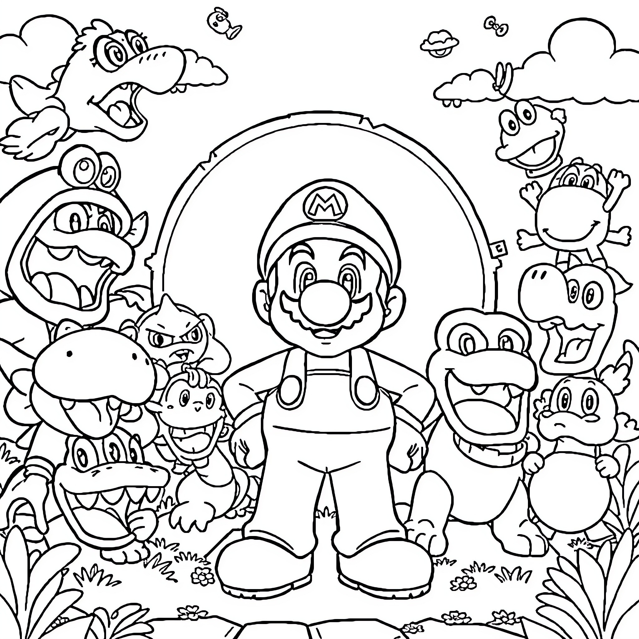 Mario's Monstrous Menagerie: Adventures with Whimsical Creatures Coloring Page (free black-and-white line drawing printable PDF for all, from beginners to advanced learners, including children, teens, adults, and seniors)