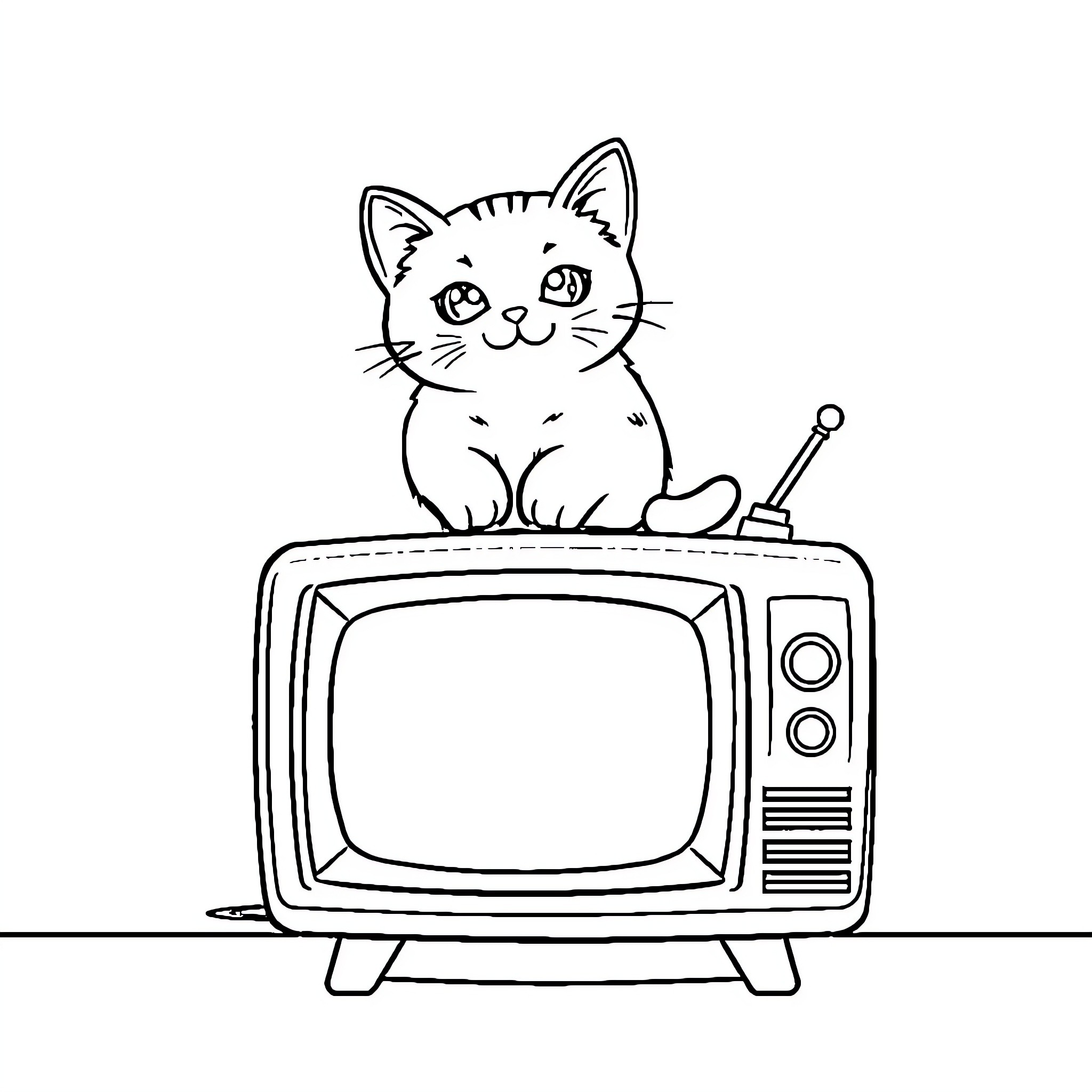 Cat sitting on a vintage television Coloring Page (free black-and-white line drawing printable PDF for all, from beginners to advanced learners, including children, teens, adults, and seniors)