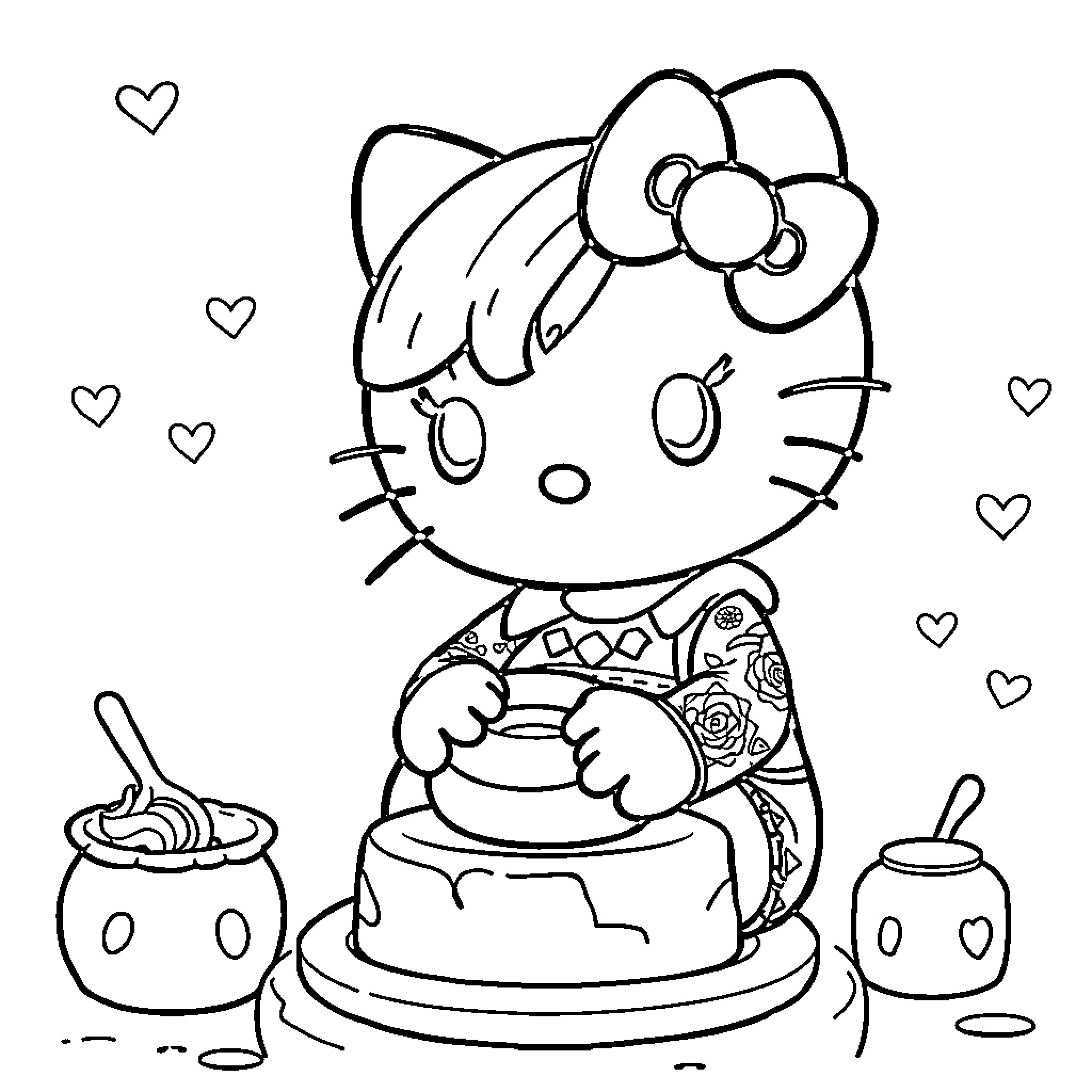 Hello Kitty baking a cake with hearts Coloring Page (free black-and-white line drawing printable PDF for all, from beginners to advanced learners, including children, teens, adults, and seniors)
