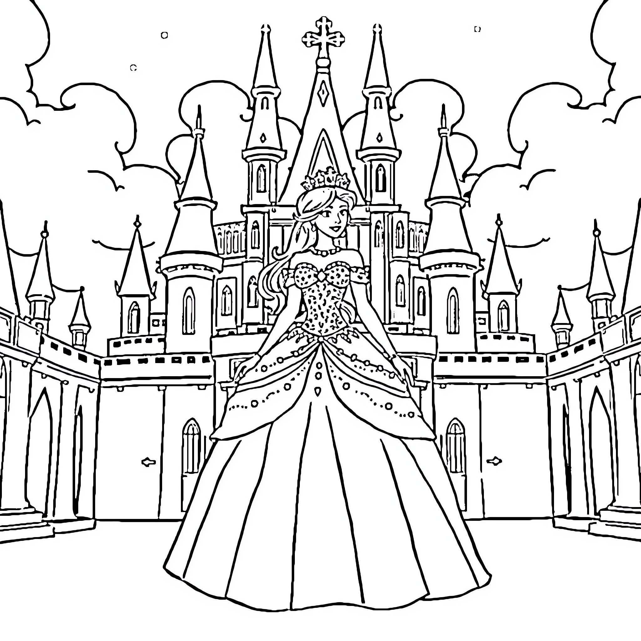 Princess in Elaborate Dress at Castle Coloring Page (free black-and-white line drawing printable PDF for all, from beginners to advanced learners, including children, teens, adults, and seniors)