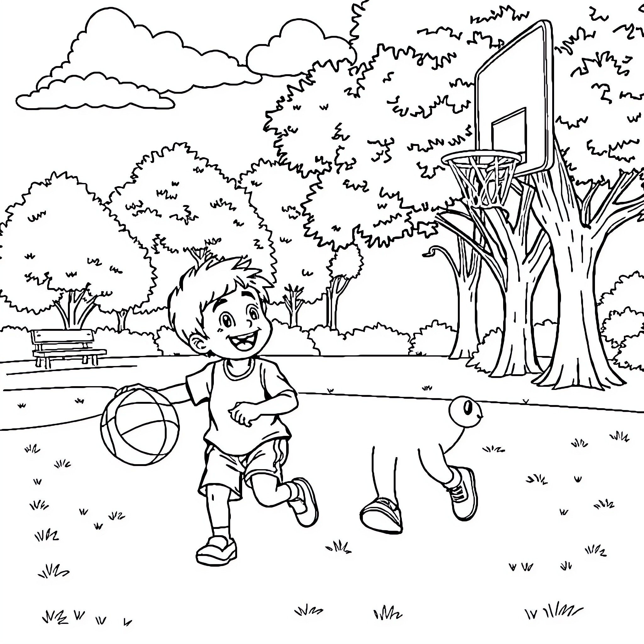 Baby Boy Playing Basketball in the Park Coloring Page (free black-and-white line drawing printable PDF for all, from beginners to advanced learners, including children, teens, adults, and seniors)