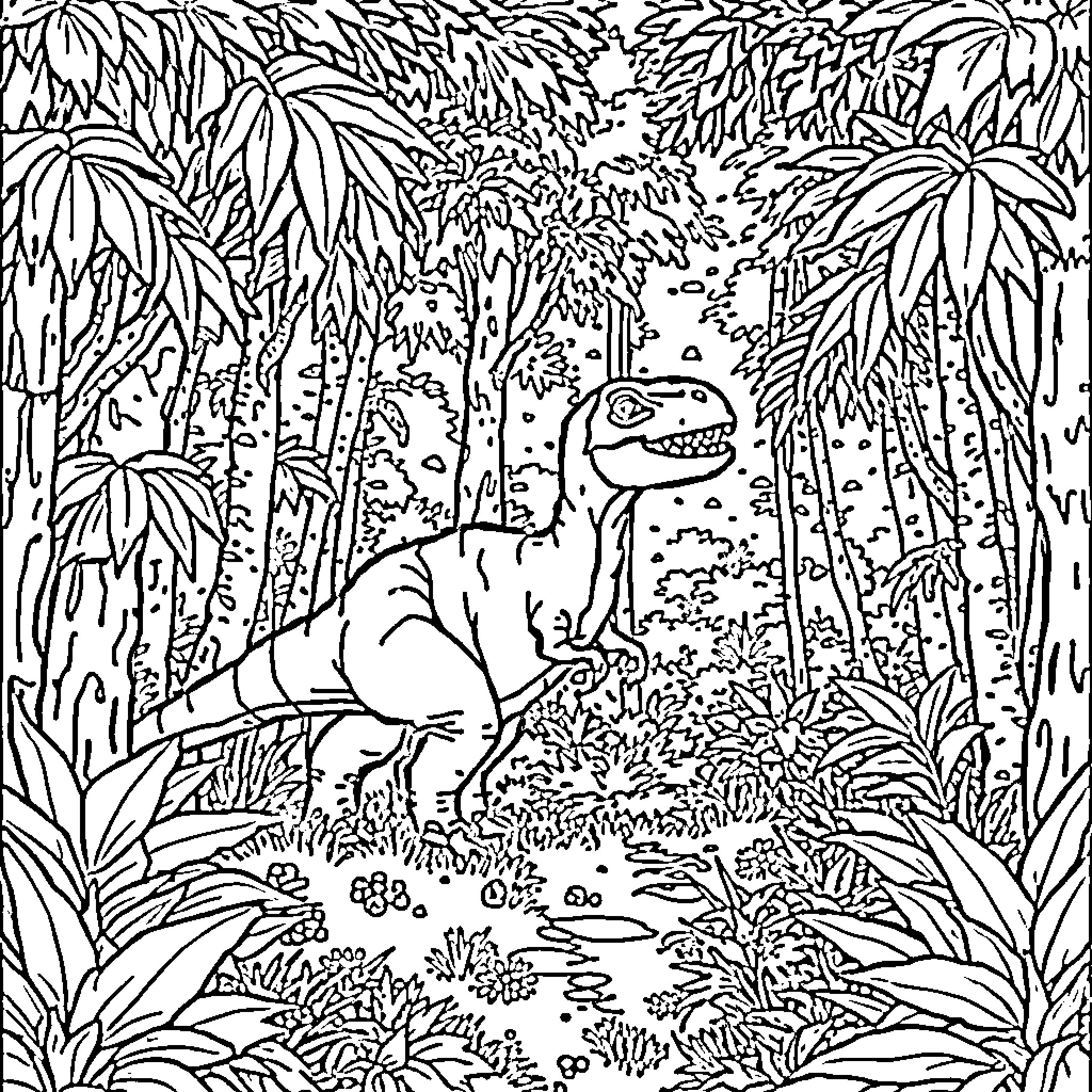 Dinosaur exploring lush jungle landscape Coloring Page (free black-and-white line drawing printable PDF for all, from beginners to advanced learners, including children, teens, adults, and seniors)