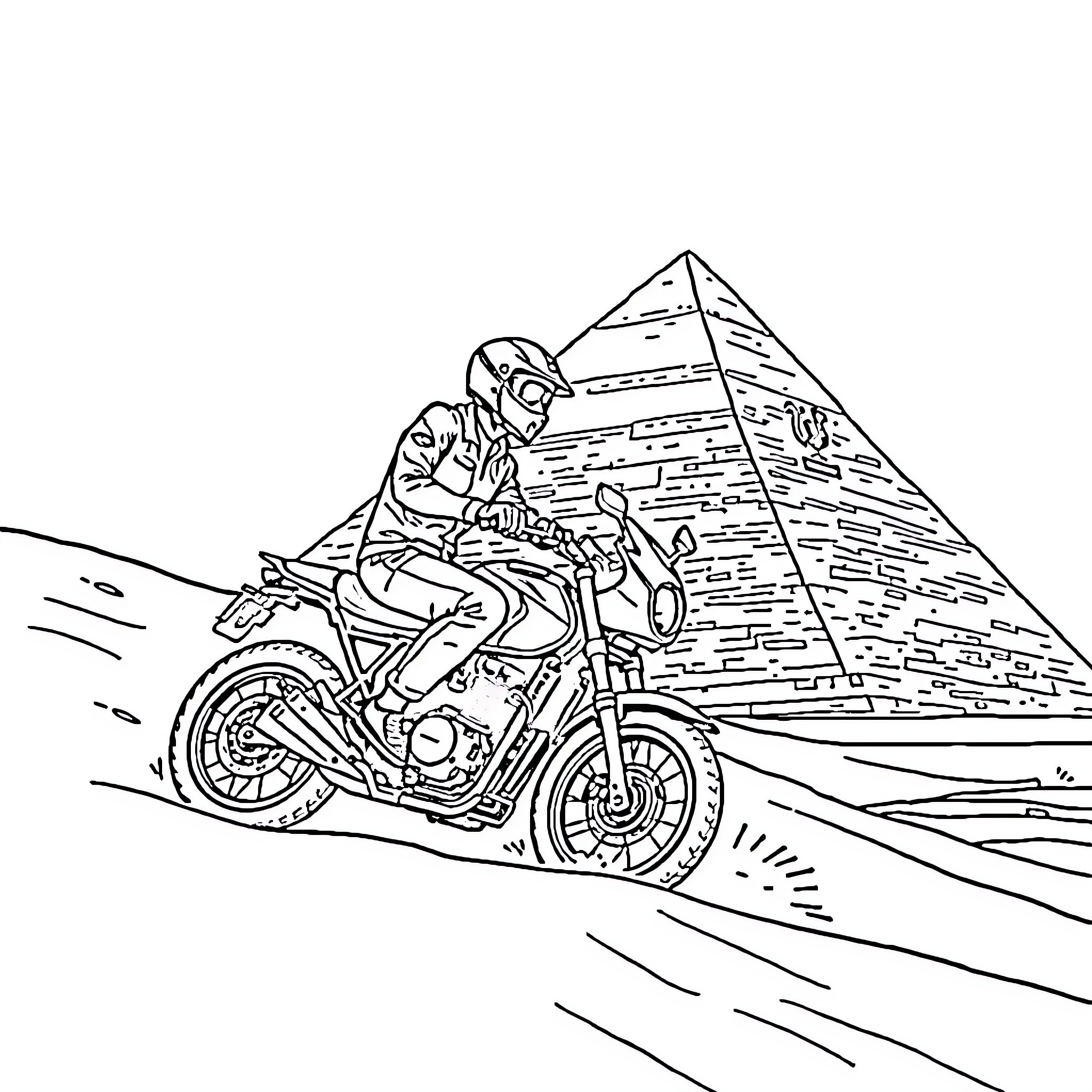 Motorcycle rider speeding through desert landscape Coloring Page (free black-and-white line drawing printable PDF for all, from beginners to advanced learners, including children, teens, adults, and seniors)