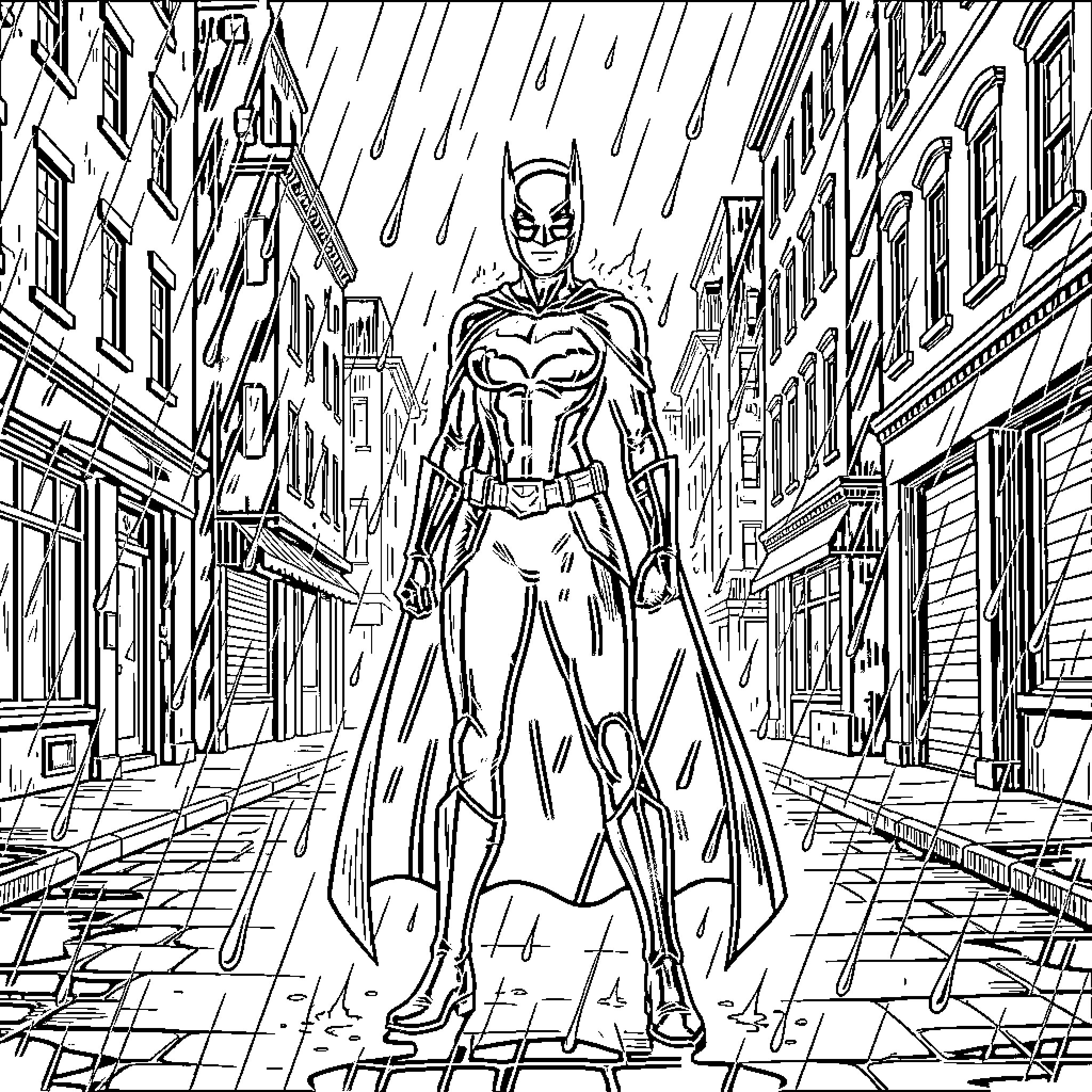 Batgirl standing heroically in a rainy city street Coloring Page (free black-and-white line drawing printable PDF for all, from beginners to advanced learners, including children, teens, adults, and seniors)