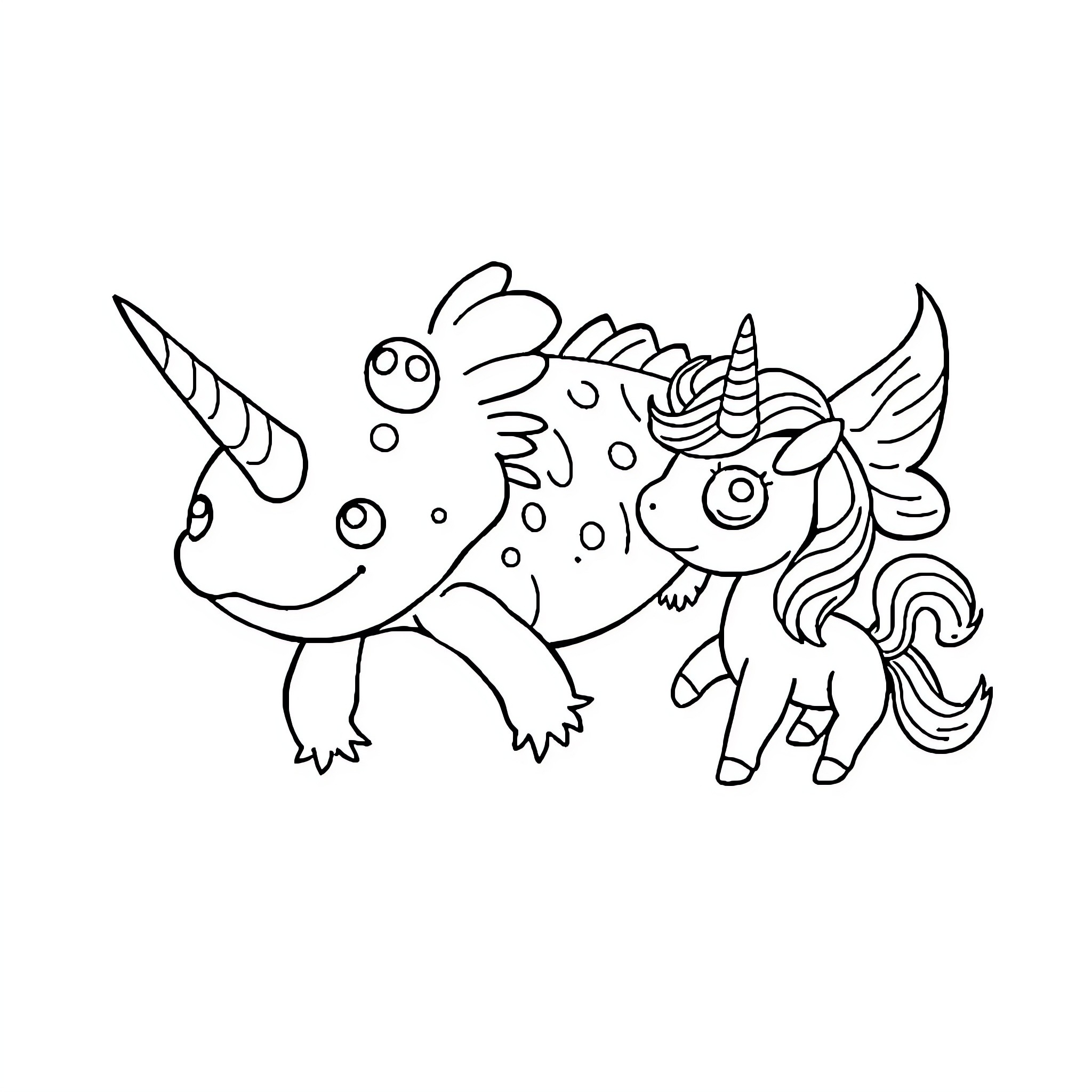 Axolotl and Unicorn Playing Together Coloring Page (free black-and-white line drawing printable PDF for all, from beginners to advanced learners, including children, teens, adults, and seniors)