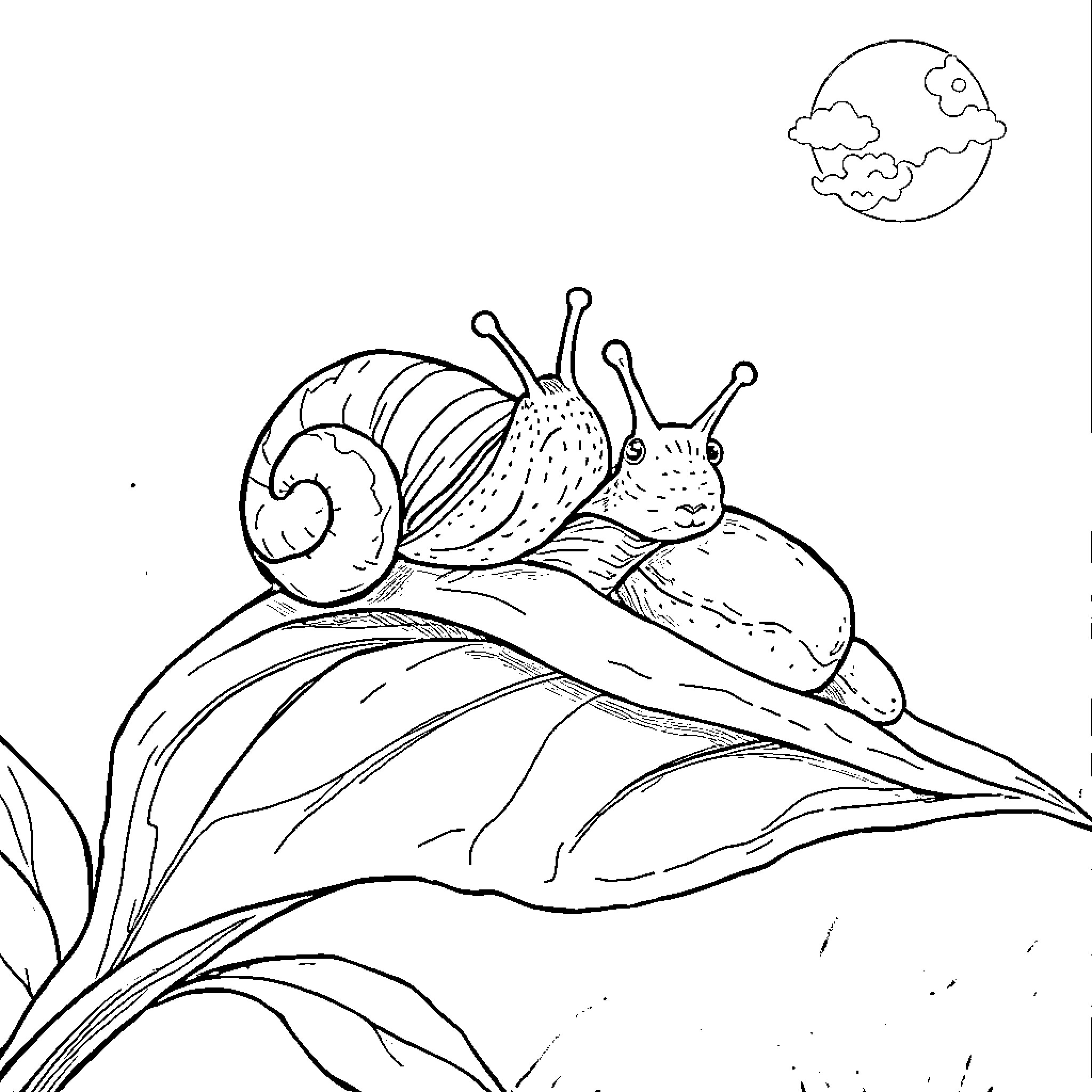 Slug exploring a whimsical landscape Coloring Page (free black-and-white line drawing printable PDF for all, from beginners to advanced learners, including children, teens, adults, and seniors)
