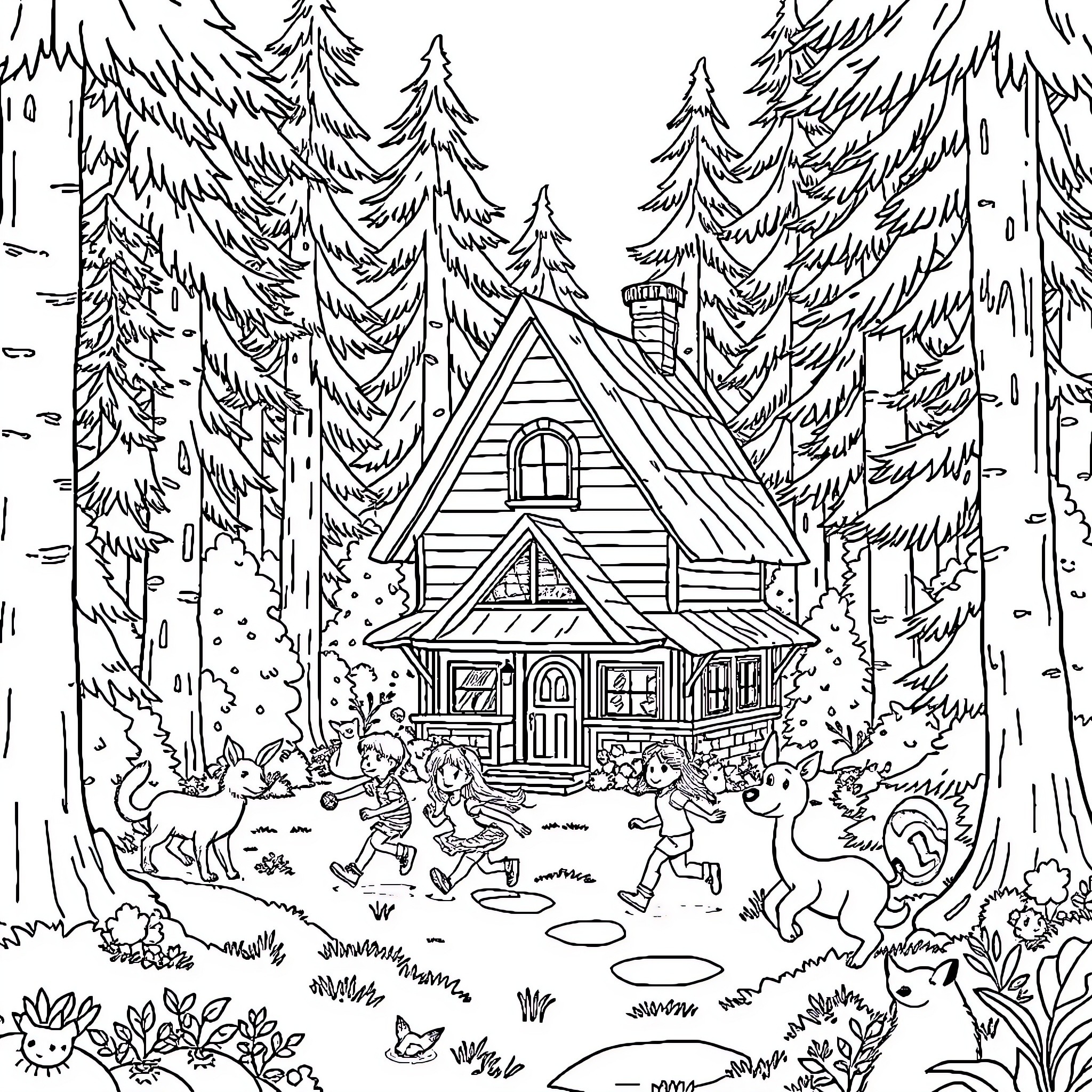 House in the Enchanted Forest with Playful Creatures Coloring Page (free black-and-white line drawing printable PDF for all, from beginners to advanced learners, including children, teens, adults, and seniors)