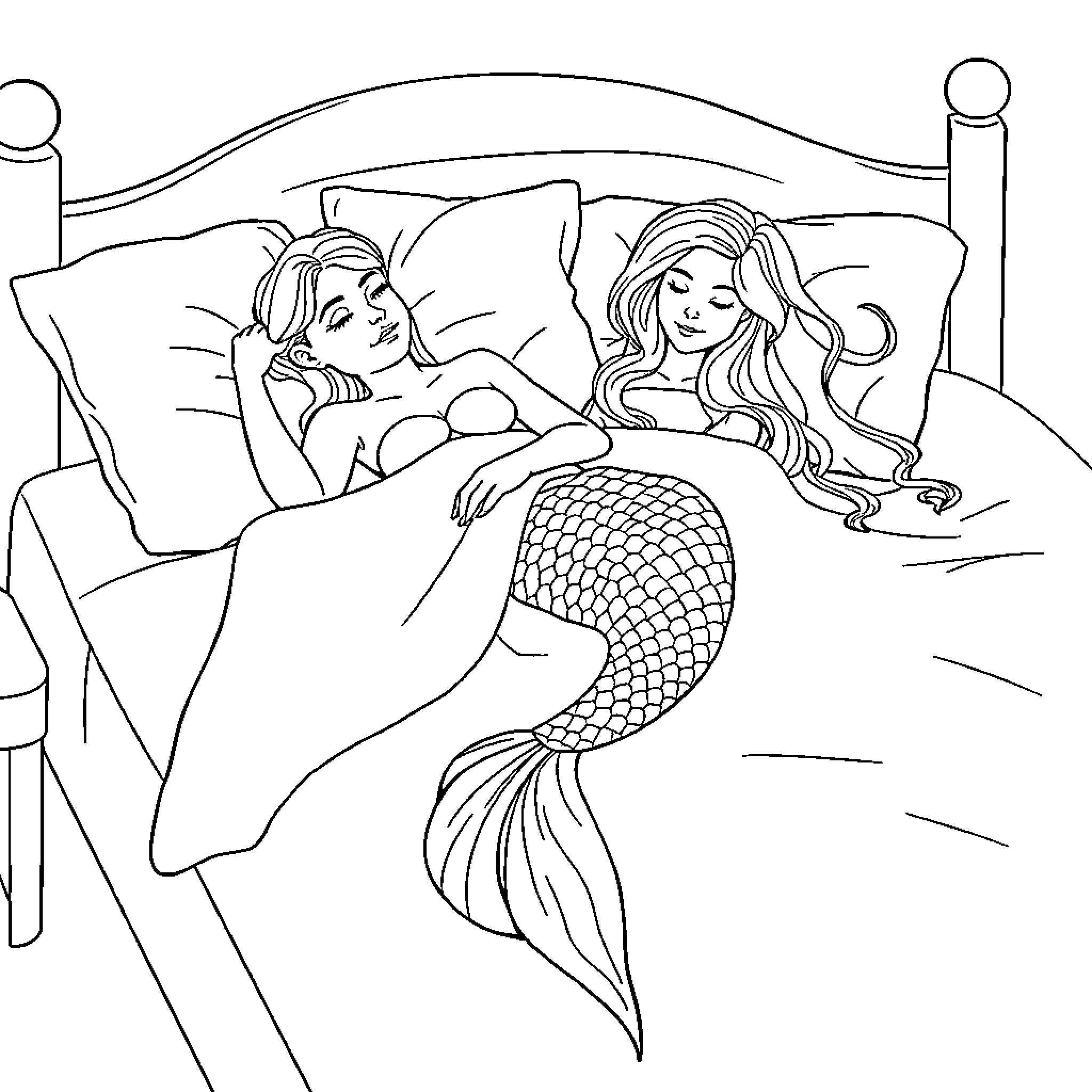 Mermaid sisters relaxing in bed Coloring Page (free black-and-white line drawing printable PDF for all, from beginners to advanced learners, including children, teens, adults, and seniors)