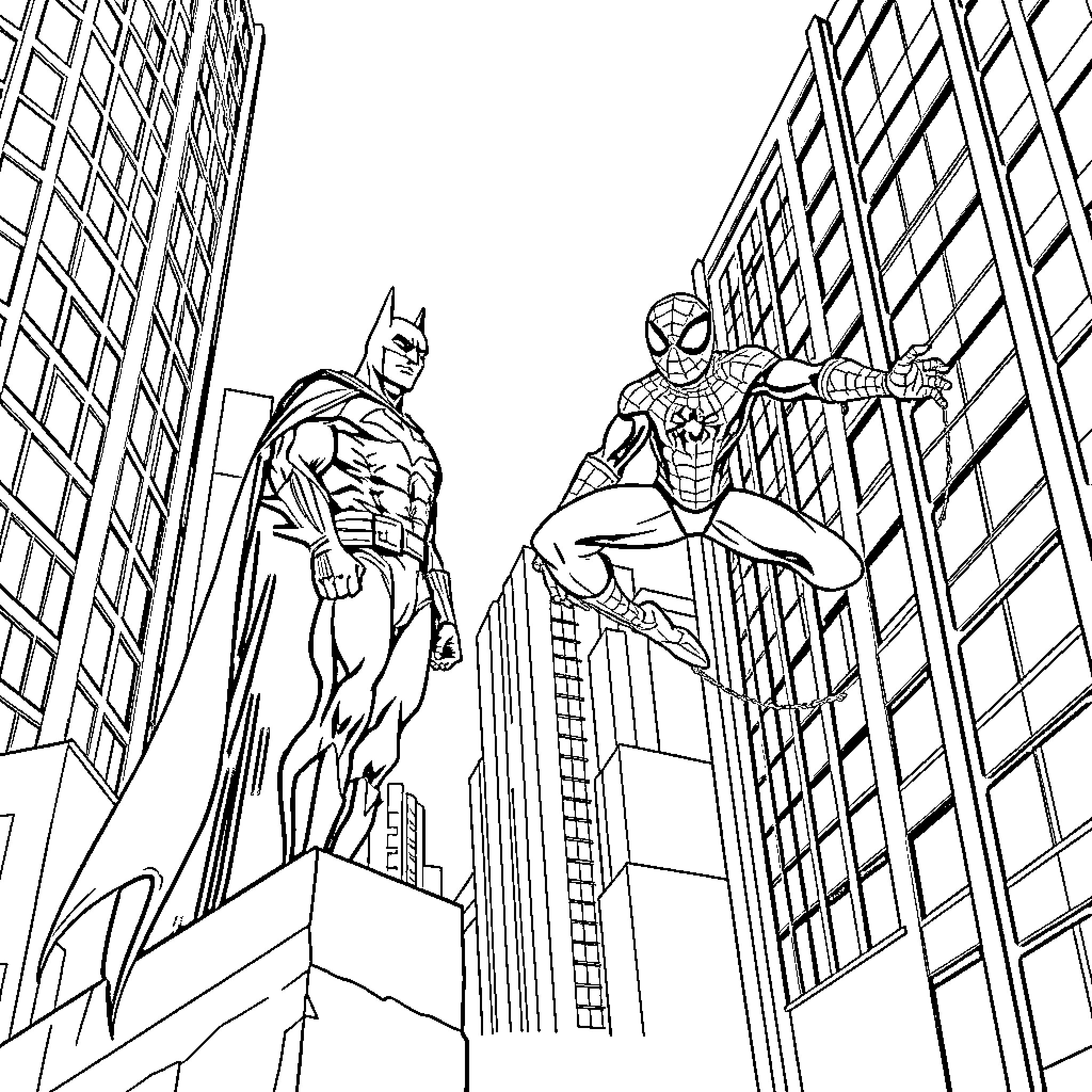 Batman and Spiderman heroically surveying the city Coloring Page (free black-and-white line drawing printable PDF for all, from beginners to advanced learners, including children, teens, adults, and seniors)