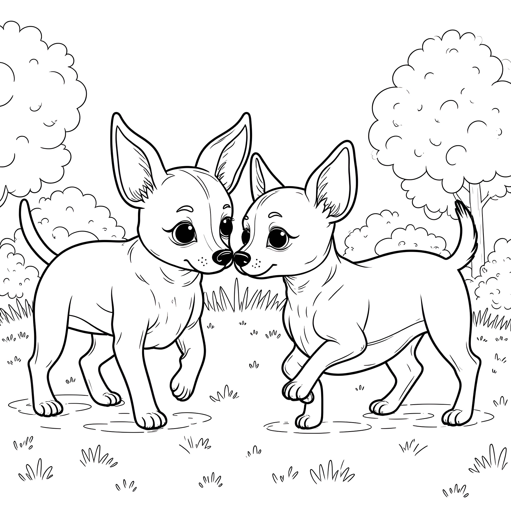 Chihuahuas playing happily in the park Coloring Page (free black-and-white line drawing printable PDF for all, from beginners to advanced learners, including children, teens, adults, and seniors)