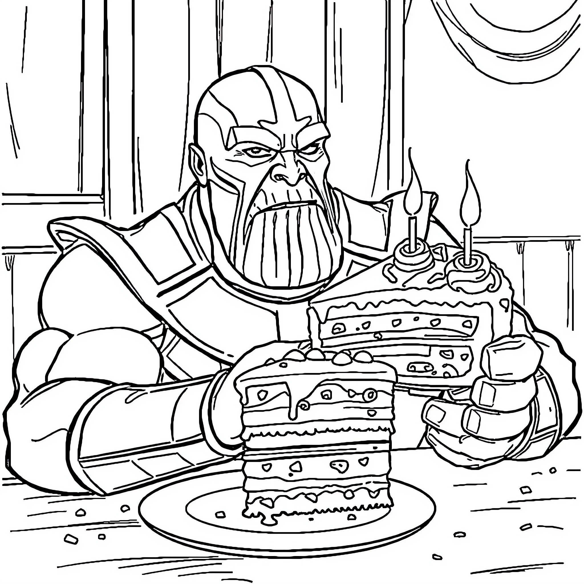 Thanos Enjoying a Delicious Cake Coloring Page (free black-and-white line drawing printable PDF for all, from beginners to advanced learners, including children, teens, adults, and seniors)