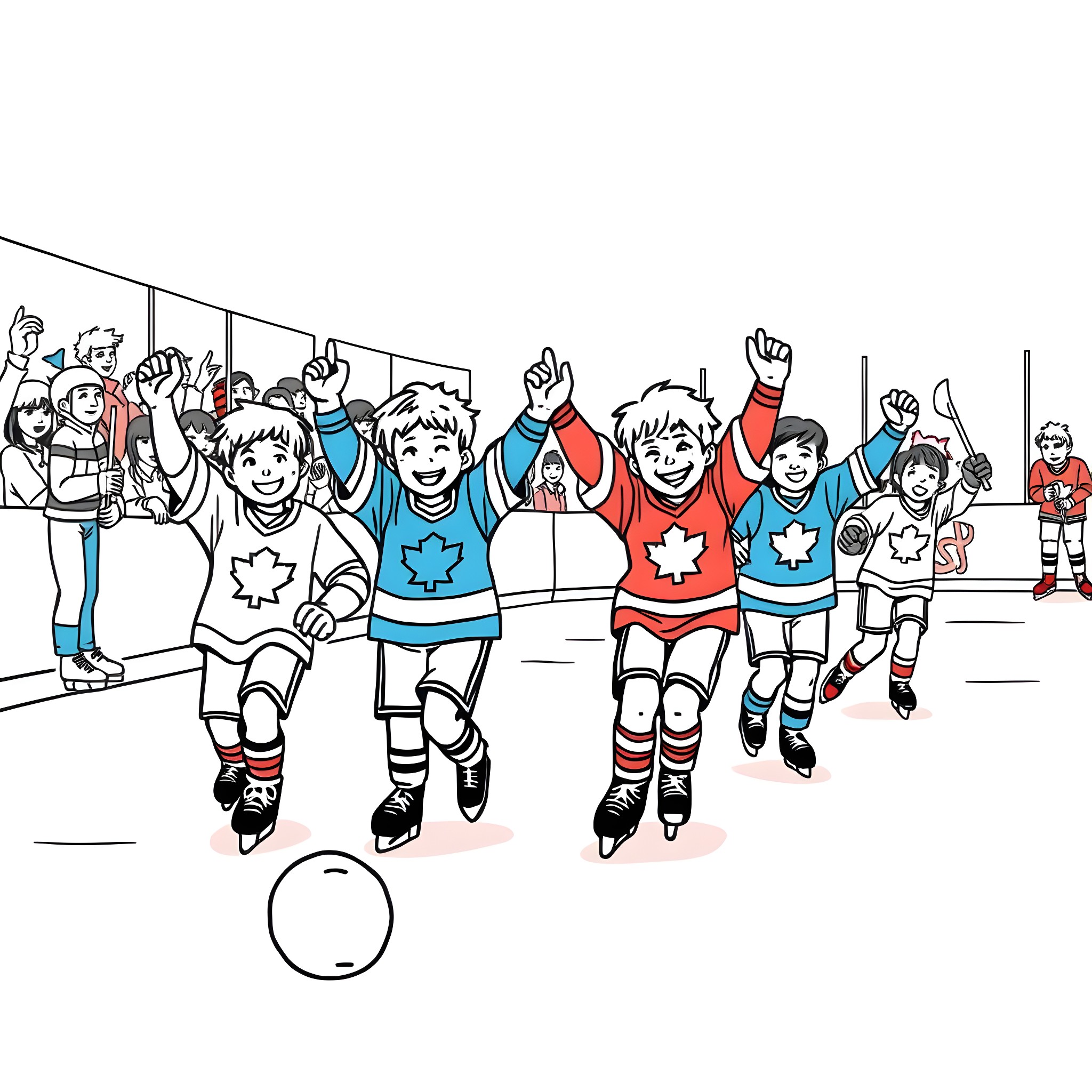 Kid hockey players celebrating on the ice Coloring Page (free black-and-white line drawing printable PDF for all, from beginners to advanced learners, including children, teens, adults, and seniors)