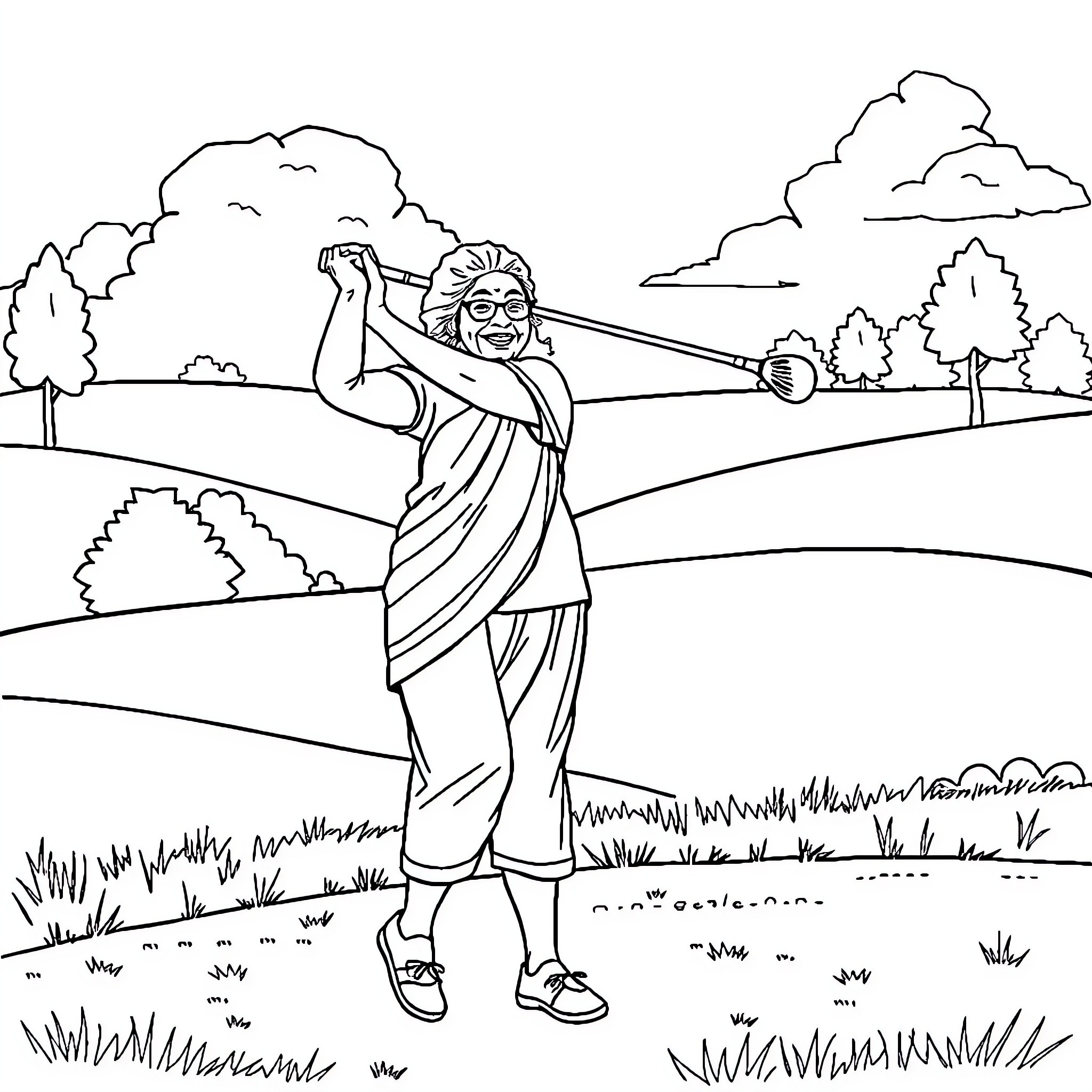 Grandma gardening happily in the countryside Coloring Page (free black-and-white line drawing printable PDF for all, from beginners to advanced learners, including children, teens, adults, and seniors)