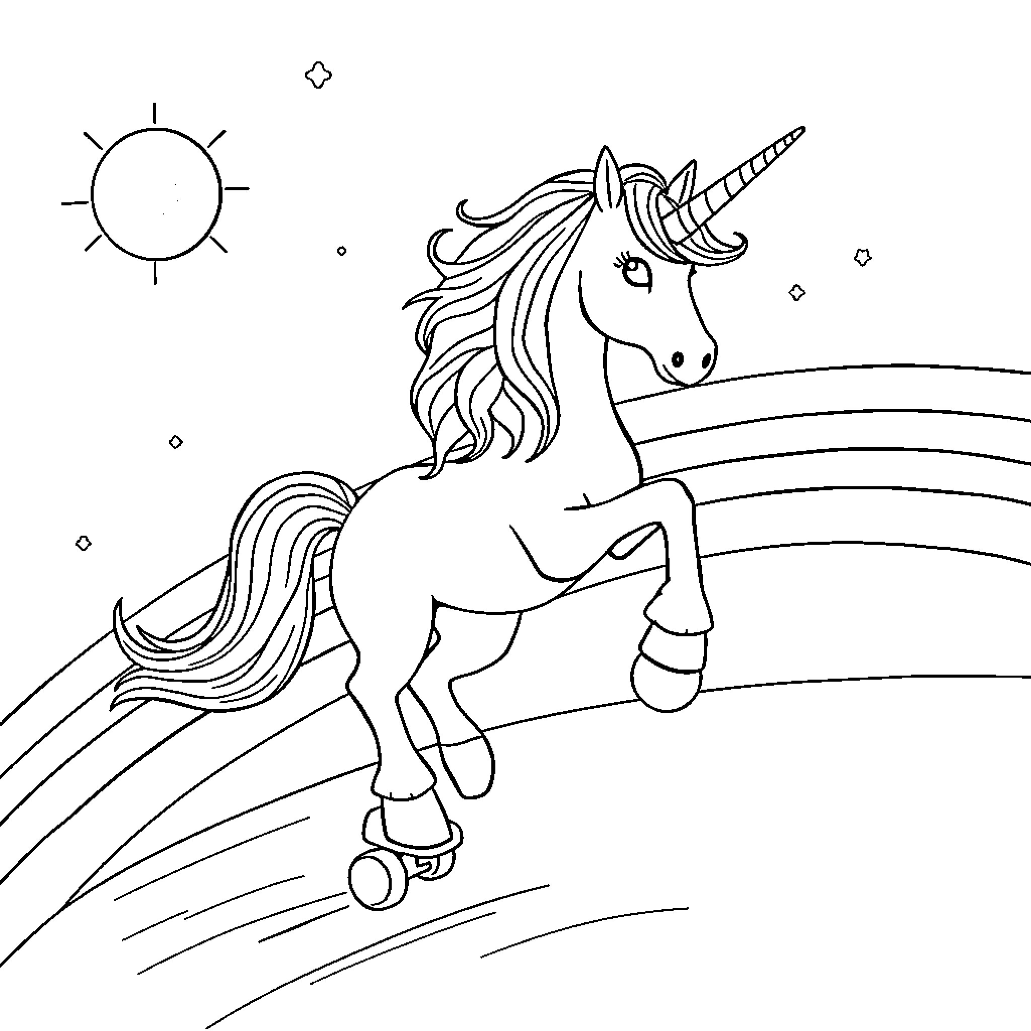Unicorn galloping through a magical landscape Coloring Page (free black-and-white line drawing printable PDF for all, from beginners to advanced learners, including children, teens, adults, and seniors)