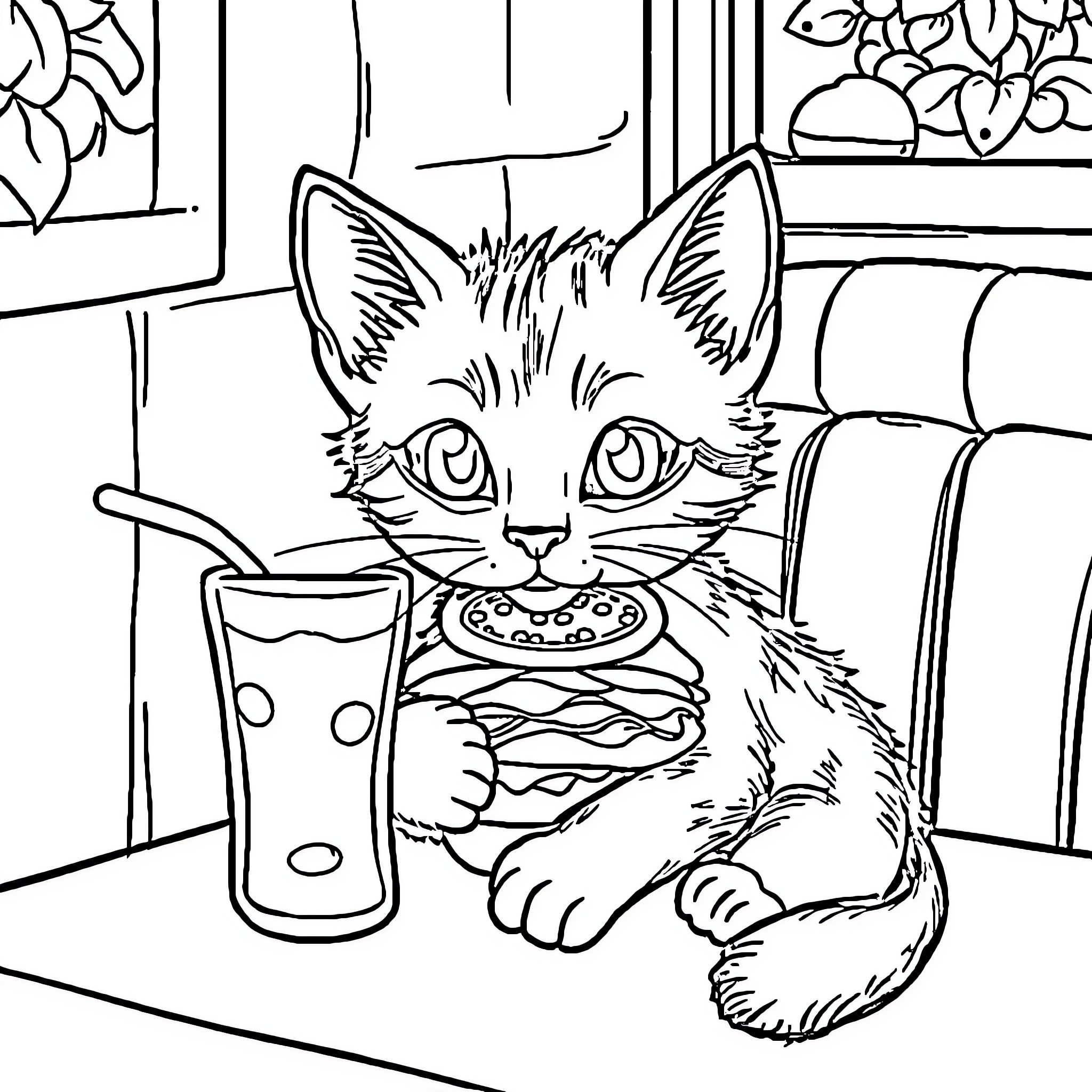 Cat enjoys a snack and drink in cozy room Coloring Page (free black-and-white line drawing printable PDF for all, from beginners to advanced learners, including children, teens, adults, and seniors)