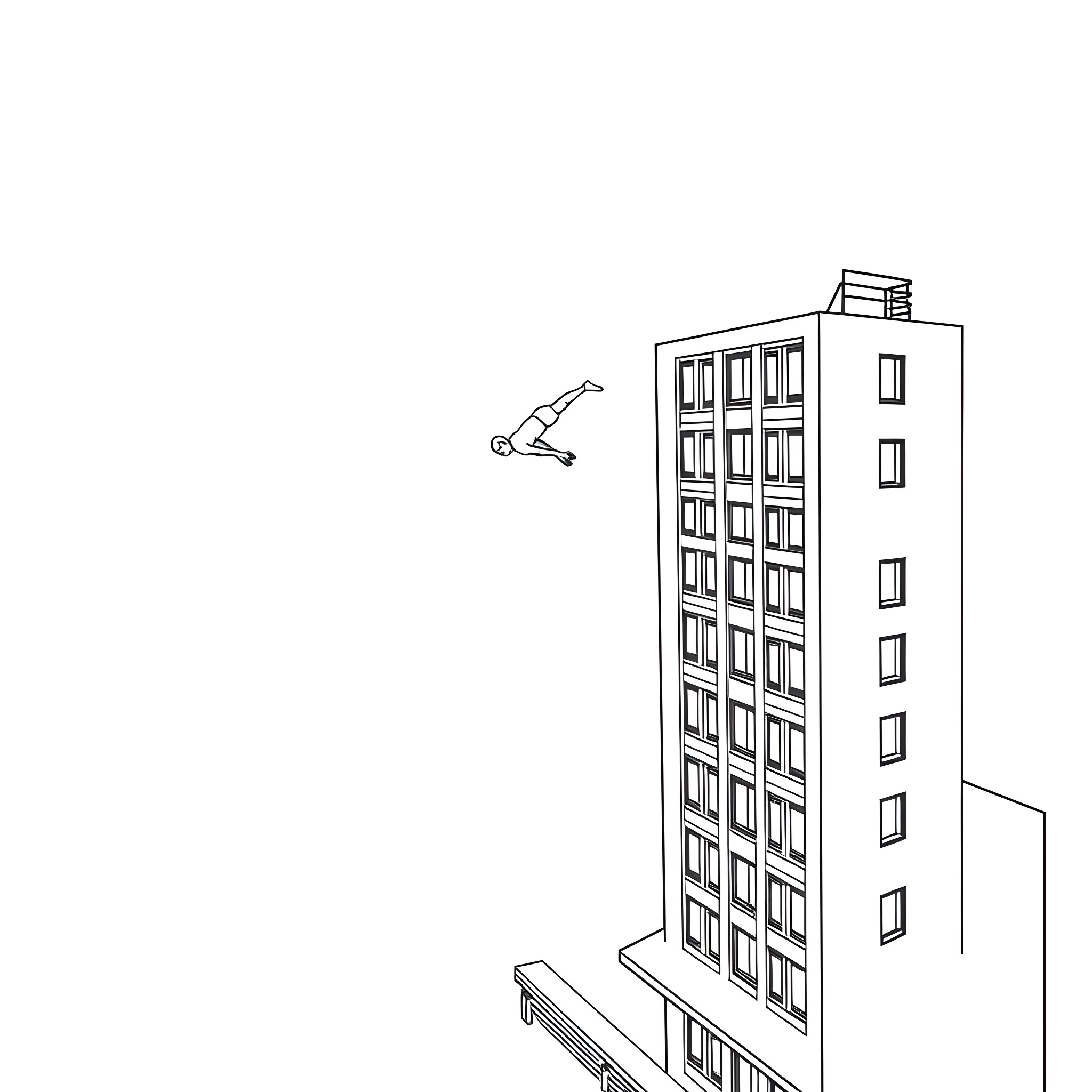 Swimmer diving off high-rise building Coloring Page (free black-and-white line drawing printable PDF for all, from beginners to advanced learners, including children, teens, adults, and seniors)
