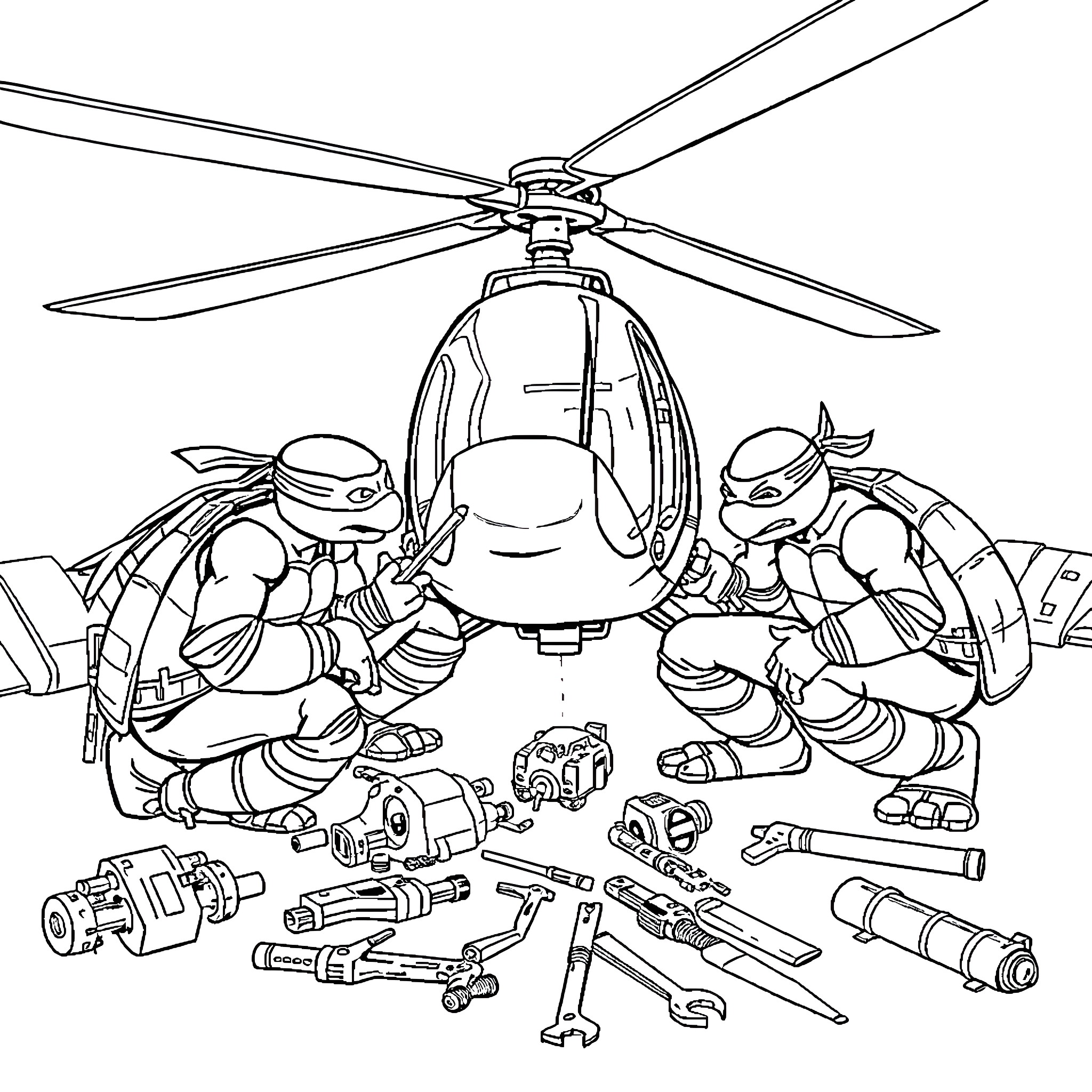 Teenage Mutant Ninja Turtles inspecting helicopter equipment Coloring Page (free black-and-white line drawing printable PDF for all, from beginners to advanced learners, including children, teens, adults, and seniors)