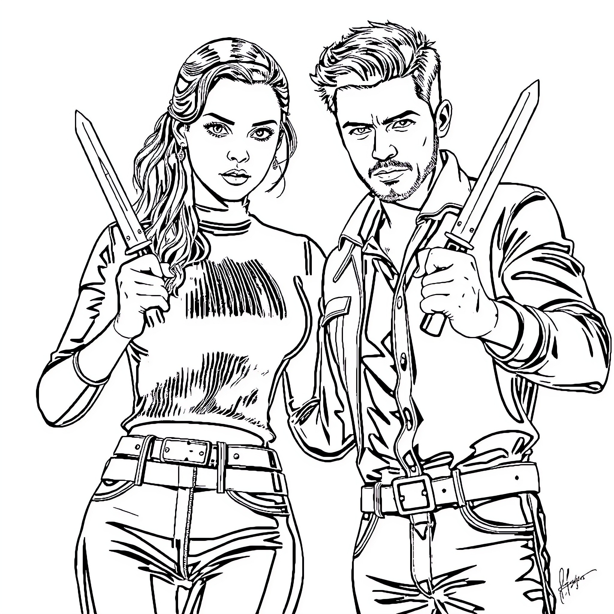 Kaya Scodelario and Co-Star in Action-Packed Poses Coloring Page (free black-and-white line drawing printable PDF for all, from beginners to advanced learners, including children, teens, adults, and seniors)