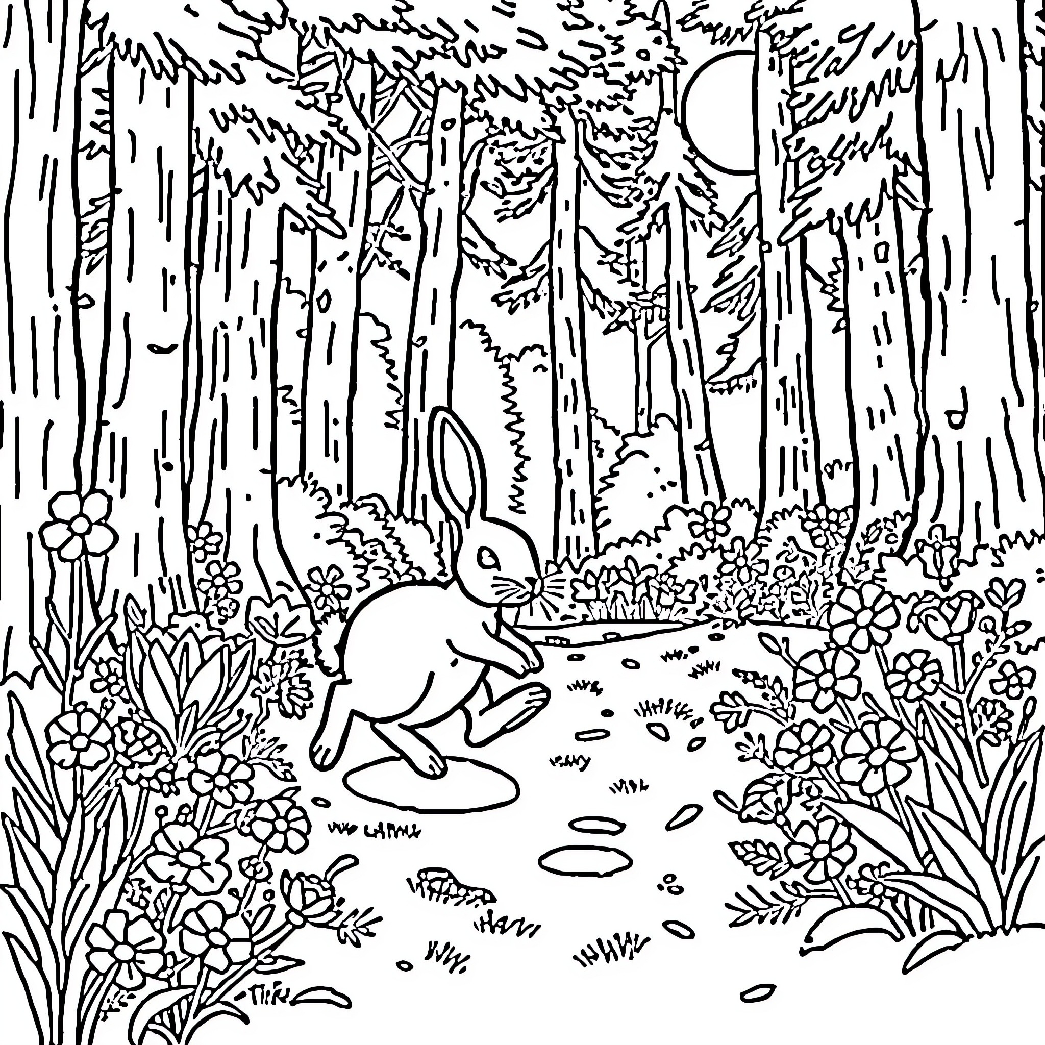Rabbit hopping through the whimsical forest Coloring Page (free black-and-white line drawing printable PDF for all, from beginners to advanced learners, including children, teens, adults, and seniors)