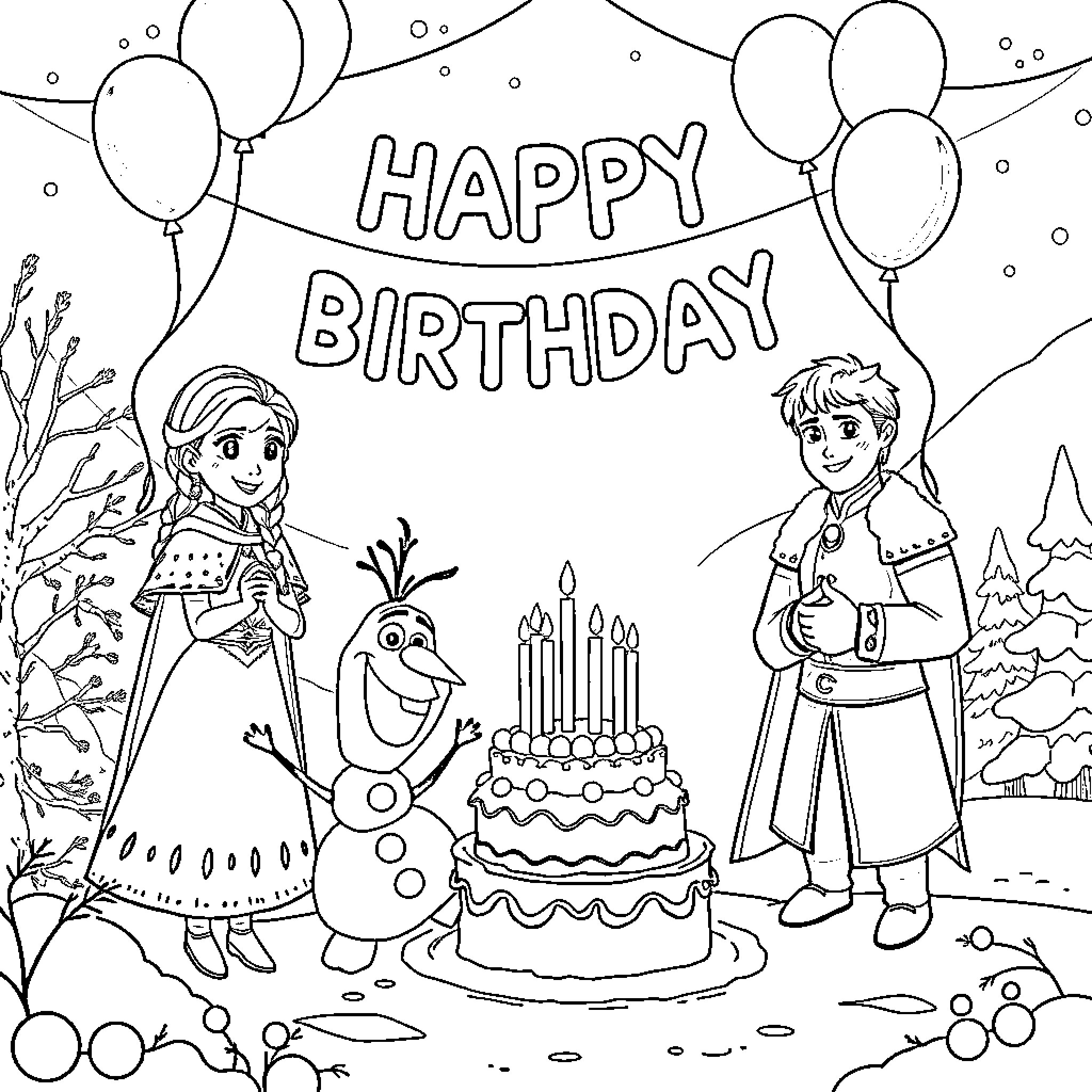 Anna's Happy Birthday Celebration with Friends Coloring Page (free black-and-white line drawing printable PDF for all, from beginners to advanced learners, including children, teens, adults, and seniors)