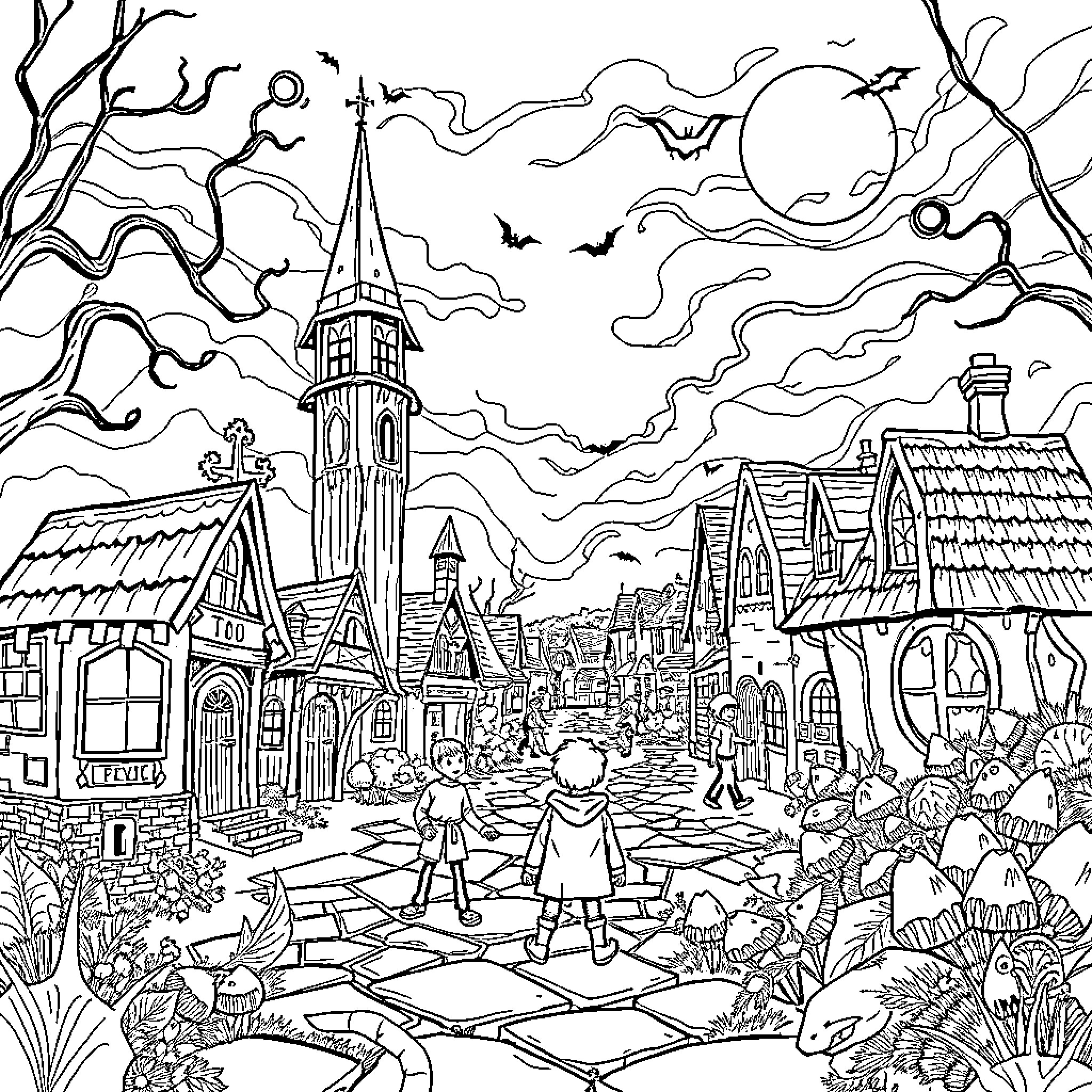 Stranger Things: Eerie Night in the Mysterious Town Coloring Page (free black-and-white line drawing printable PDF for all, from beginners to advanced learners, including children, teens, adults, and seniors)