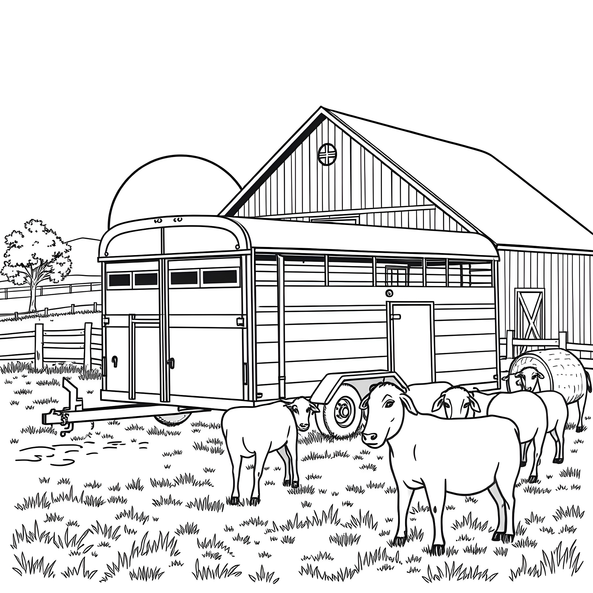Trailer of farm animals and rural barn scene Coloring Page (free black-and-white line drawing printable PDF for all, from beginners to advanced learners, including children, teens, adults, and seniors)
