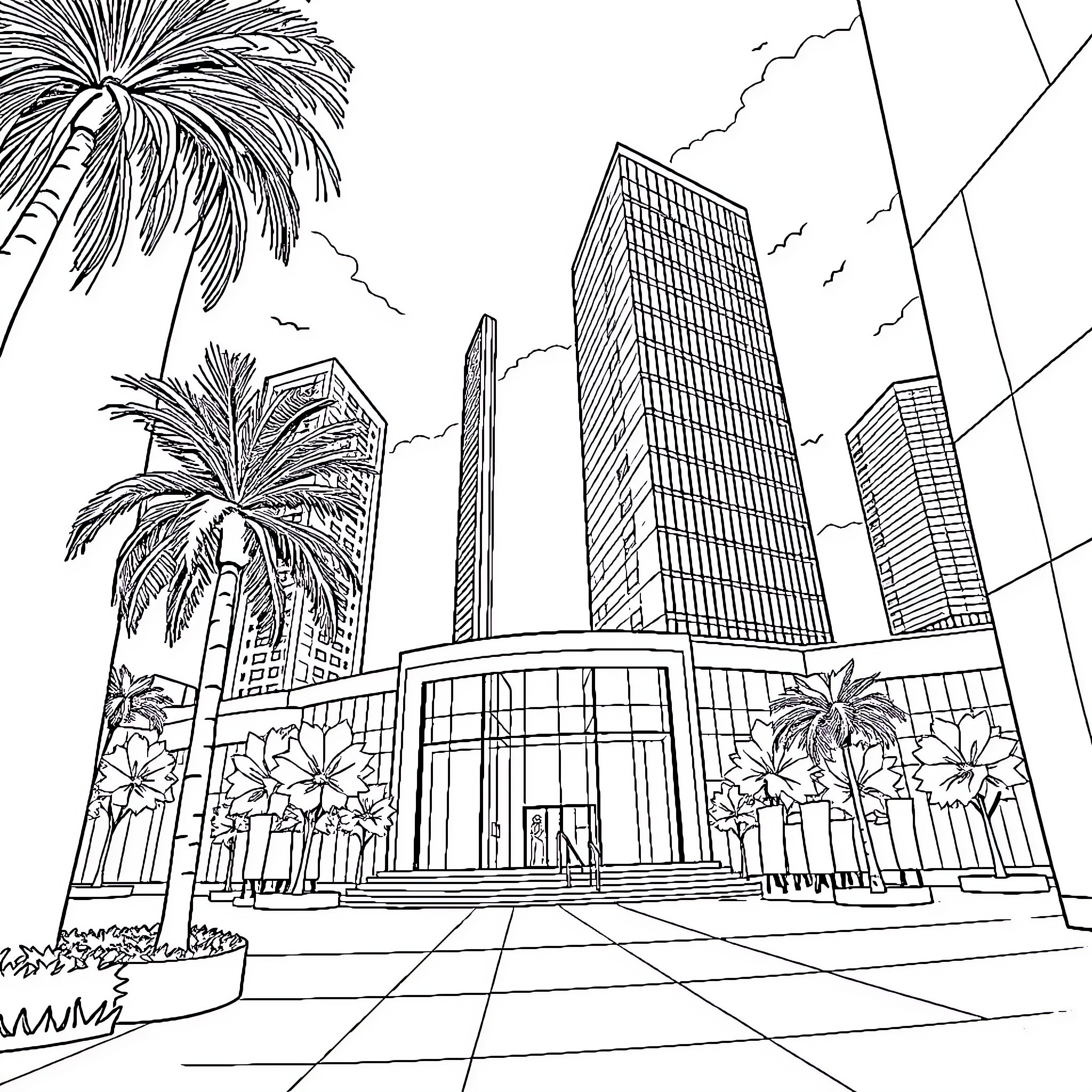 Permuda Metropolis of Towering Skyscrapers Coloring Page (free black-and-white line drawing printable PDF for all, from beginners to advanced learners, including children, teens, adults, and seniors)