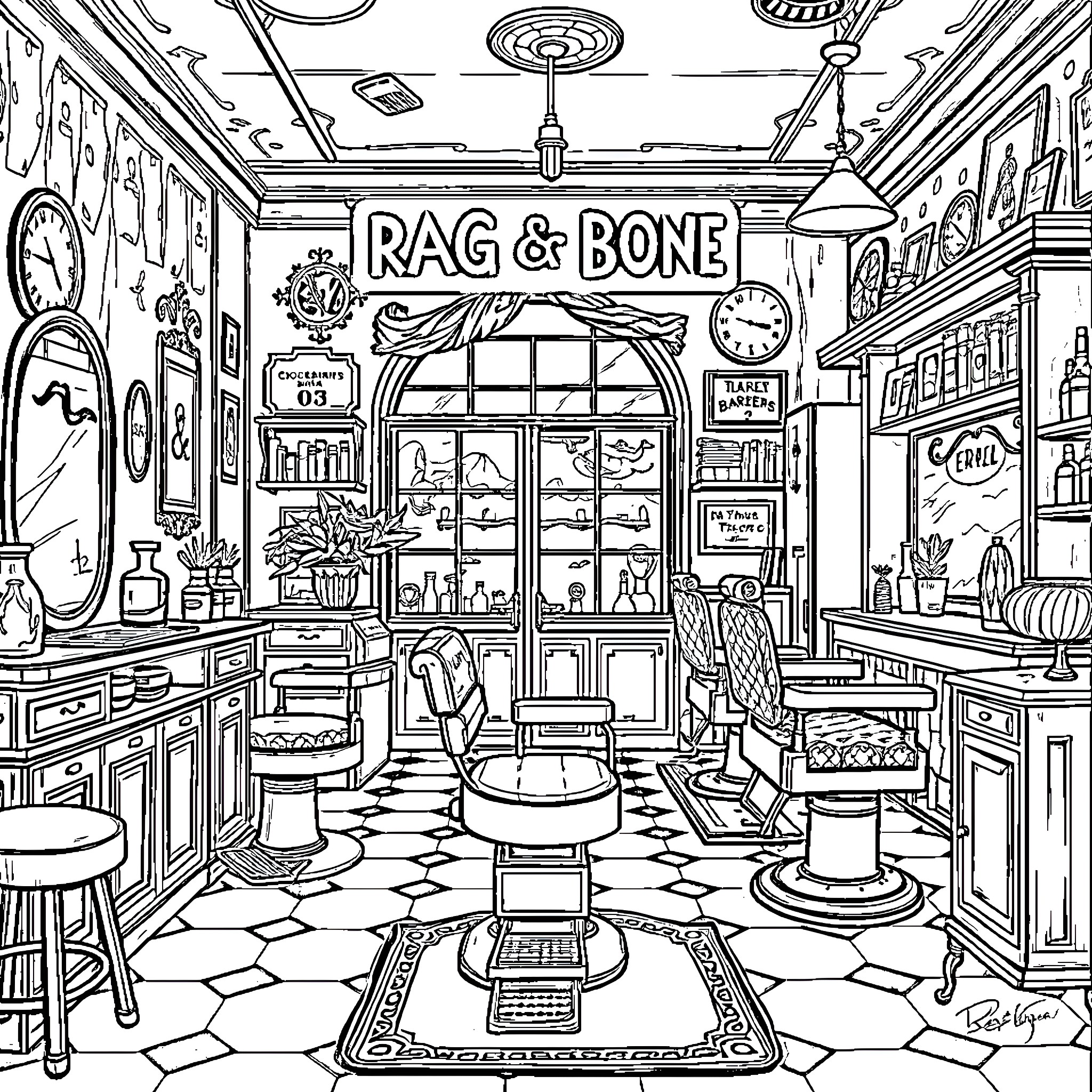 Barbershop with Vintage Furnishings and Decor Coloring Page (free black-and-white line drawing printable PDF for all, from beginners to advanced learners, including children, teens, adults, and seniors)