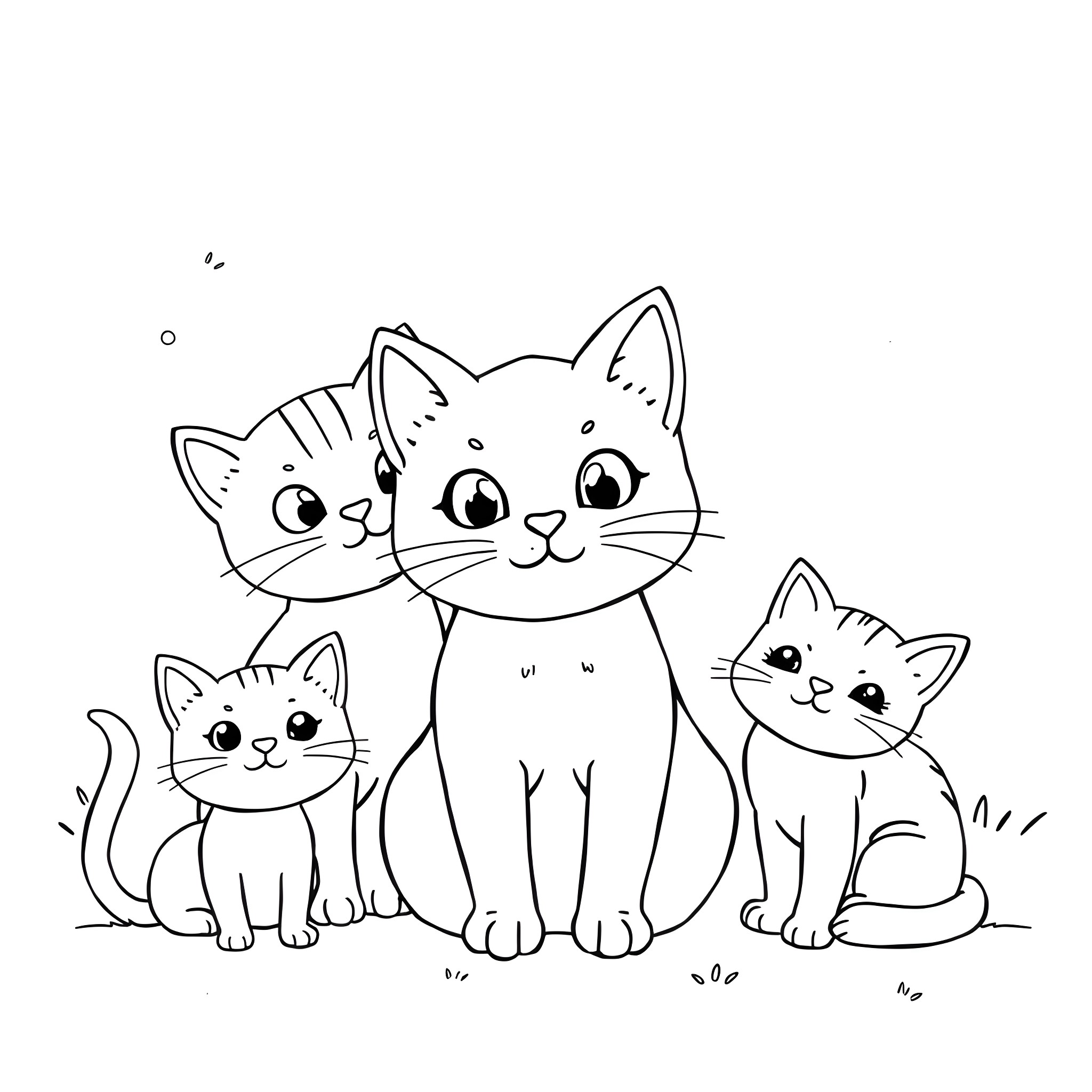 Cat family playing happily together Coloring Page (free black-and-white line drawing printable PDF for all, from beginners to advanced learners, including children, teens, adults, and seniors)