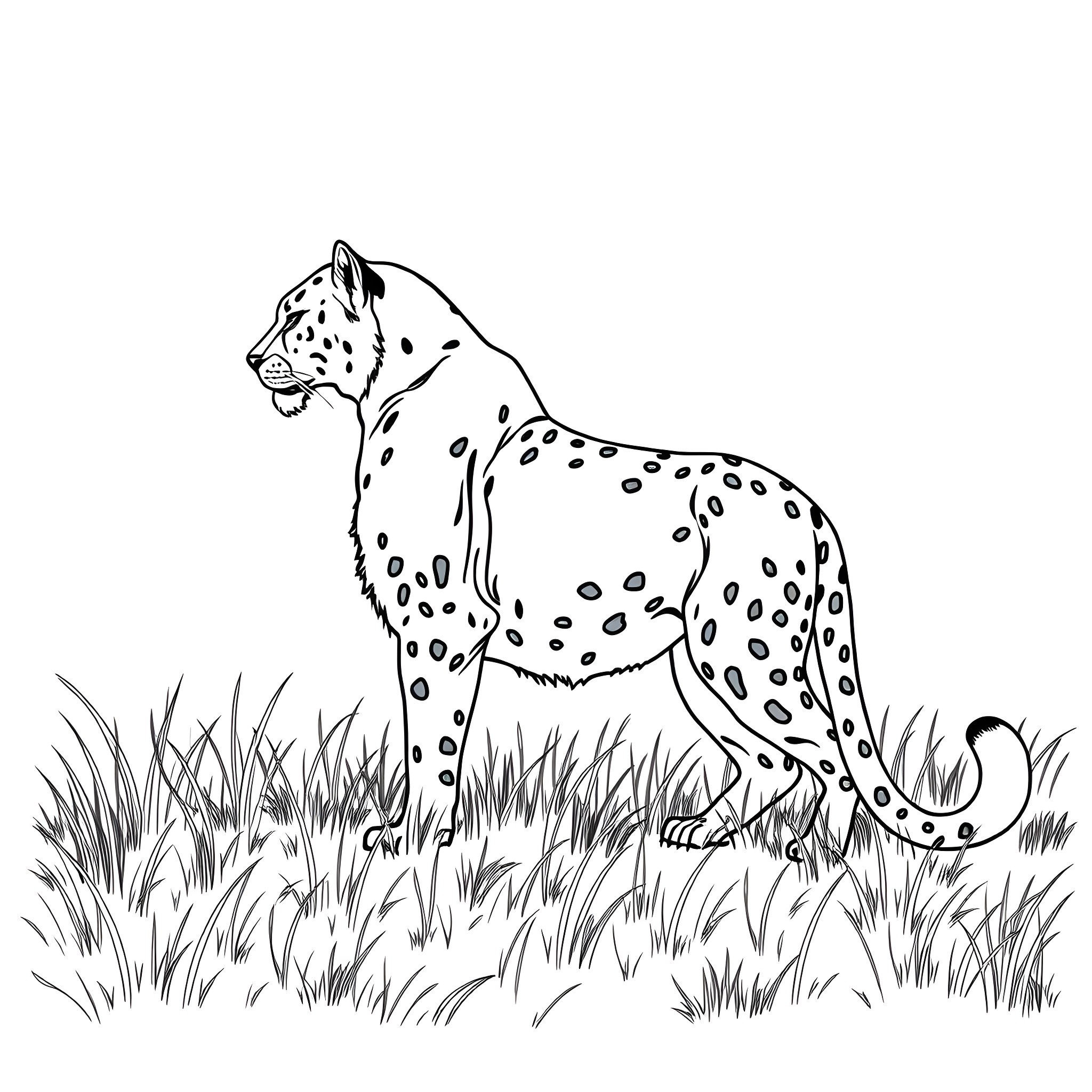 Cat-like spotted animal in the grass Coloring Page (free black-and-white line drawing printable PDF for all, from beginners to advanced learners, including children, teens, adults, and seniors)