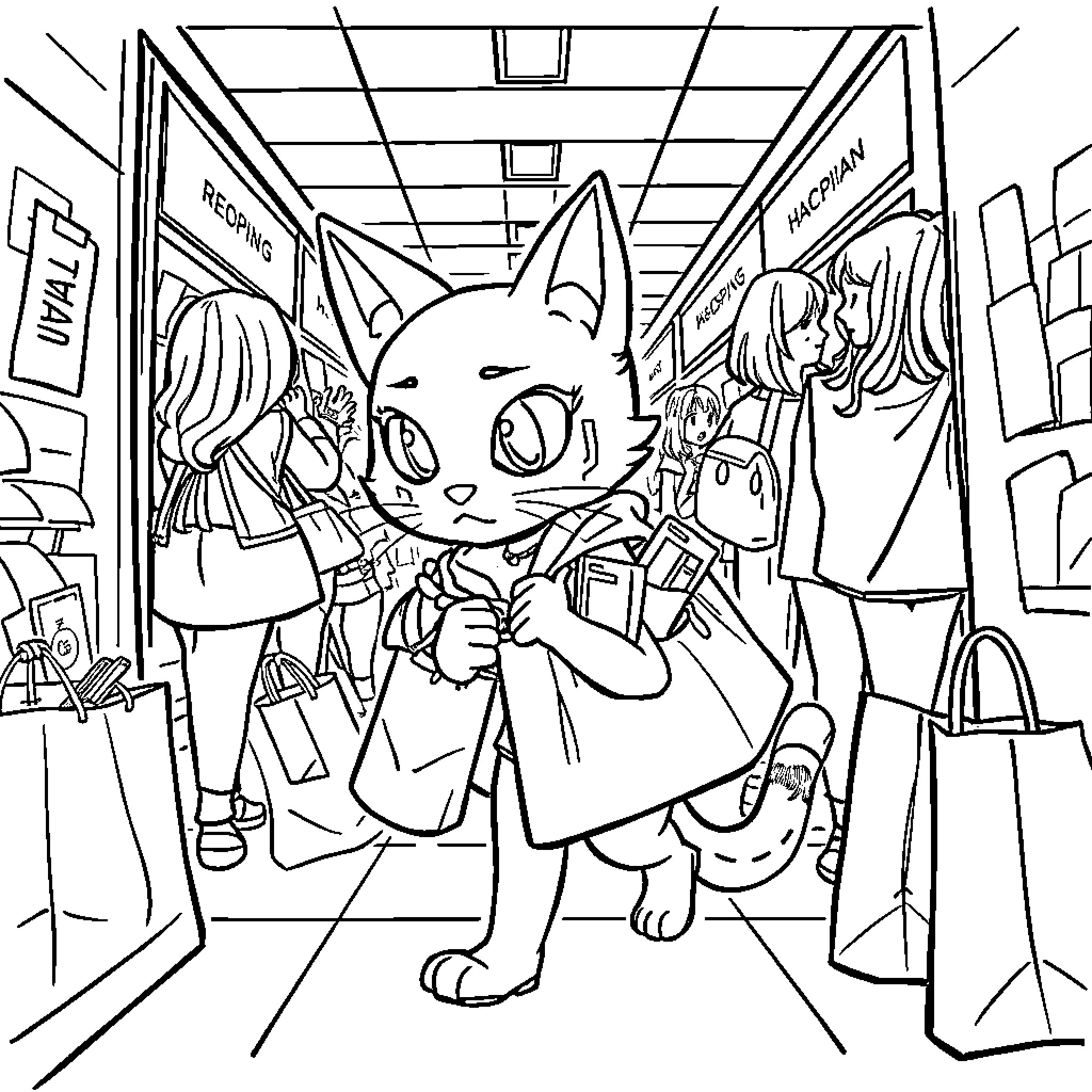 Doja Cat shopping with fans in the record store Coloring Page (free black-and-white line drawing printable PDF for all, from beginners to advanced learners, including children, teens, adults, and seniors)
