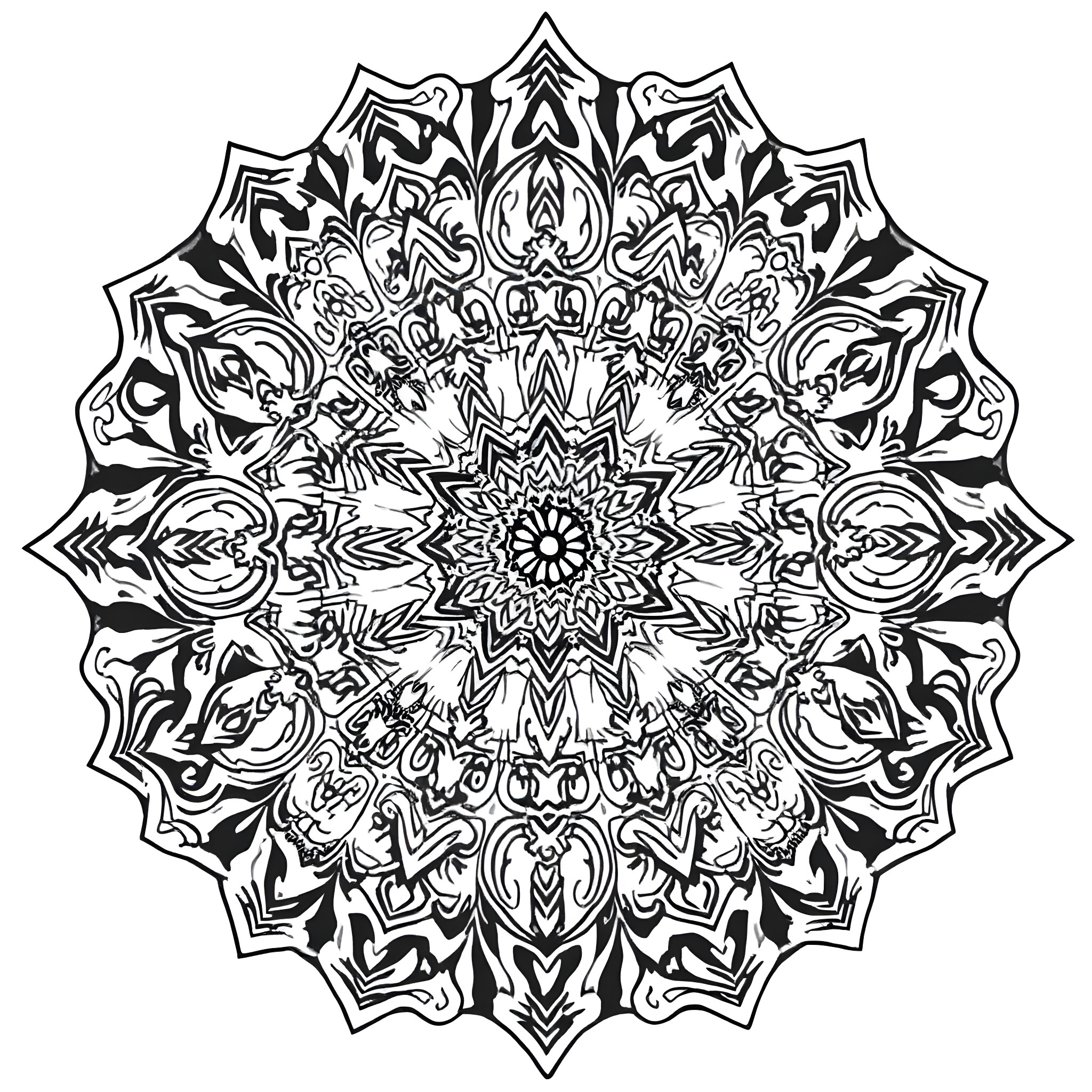 Mandala with intricate symmetrical patterns Coloring Page (free black-and-white line drawing printable PDF for all, from beginners to advanced learners, including children, teens, adults, and seniors)