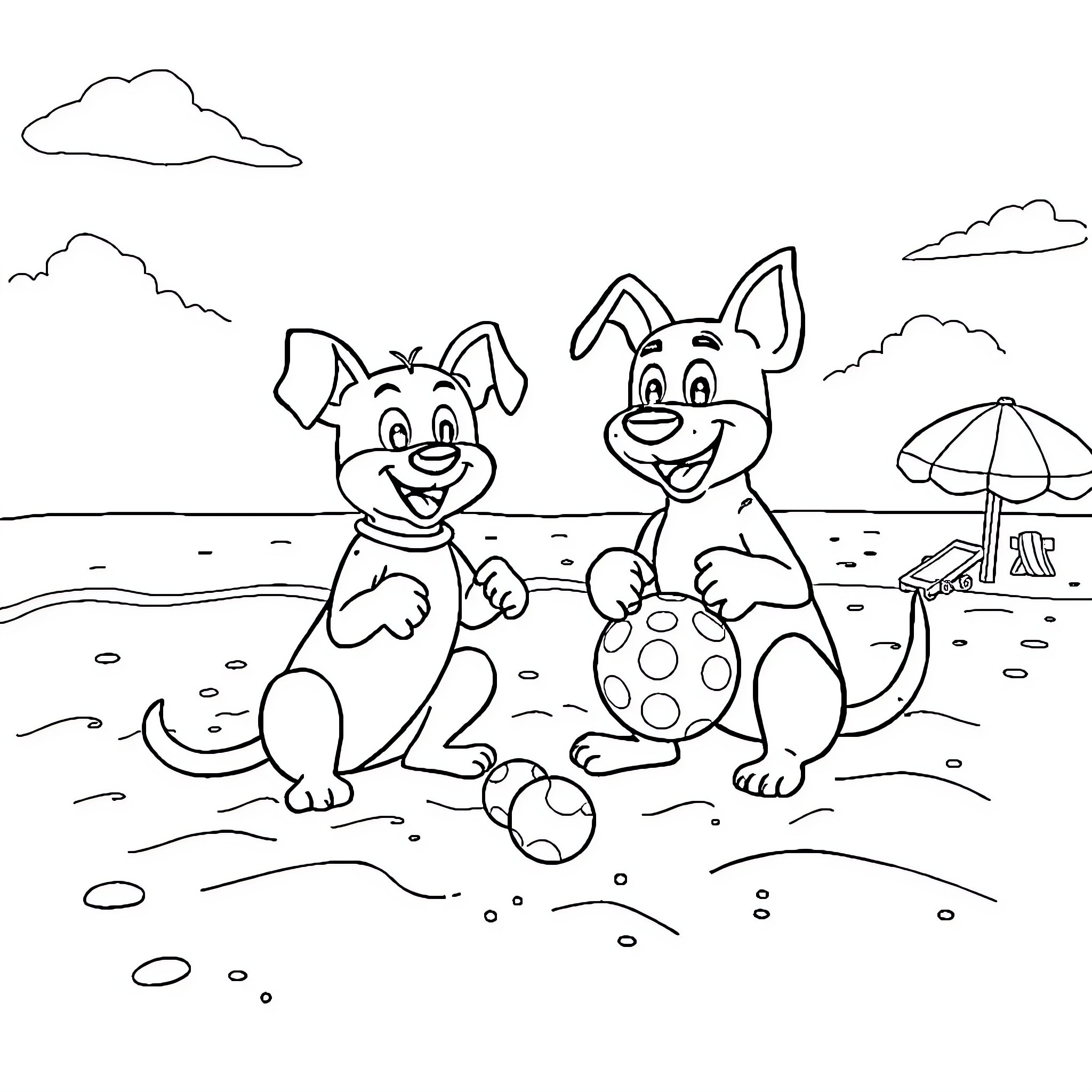 Bluey and Friends Enjoying Beach Fun Coloring Page (free black-and-white line drawing printable PDF for all, from beginners to advanced learners, including children, teens, adults, and seniors)