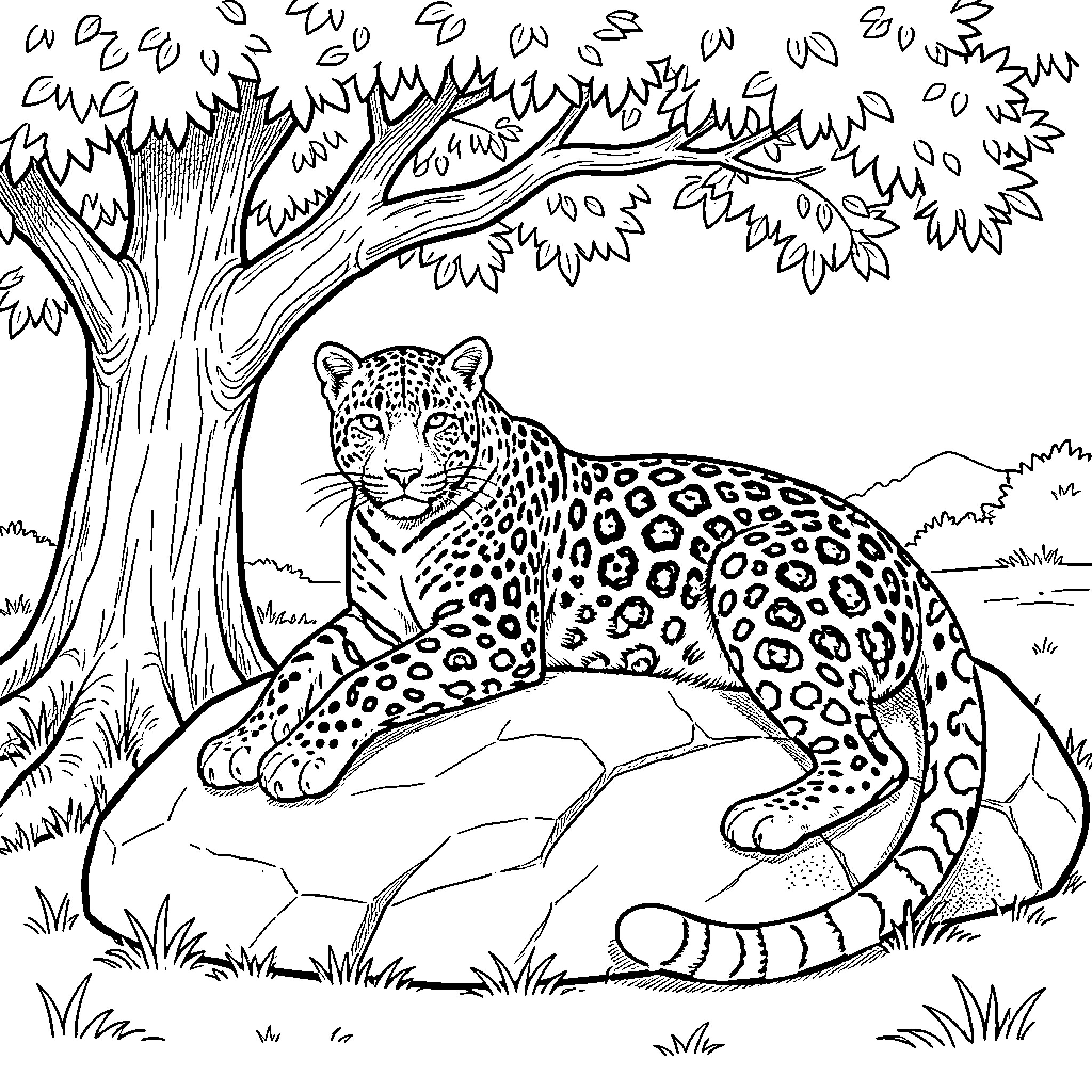 Leopard resting peacefully on a large rock Coloring Page (free black-and-white line drawing printable PDF for all, from beginners to advanced learners, including children, teens, adults, and seniors)