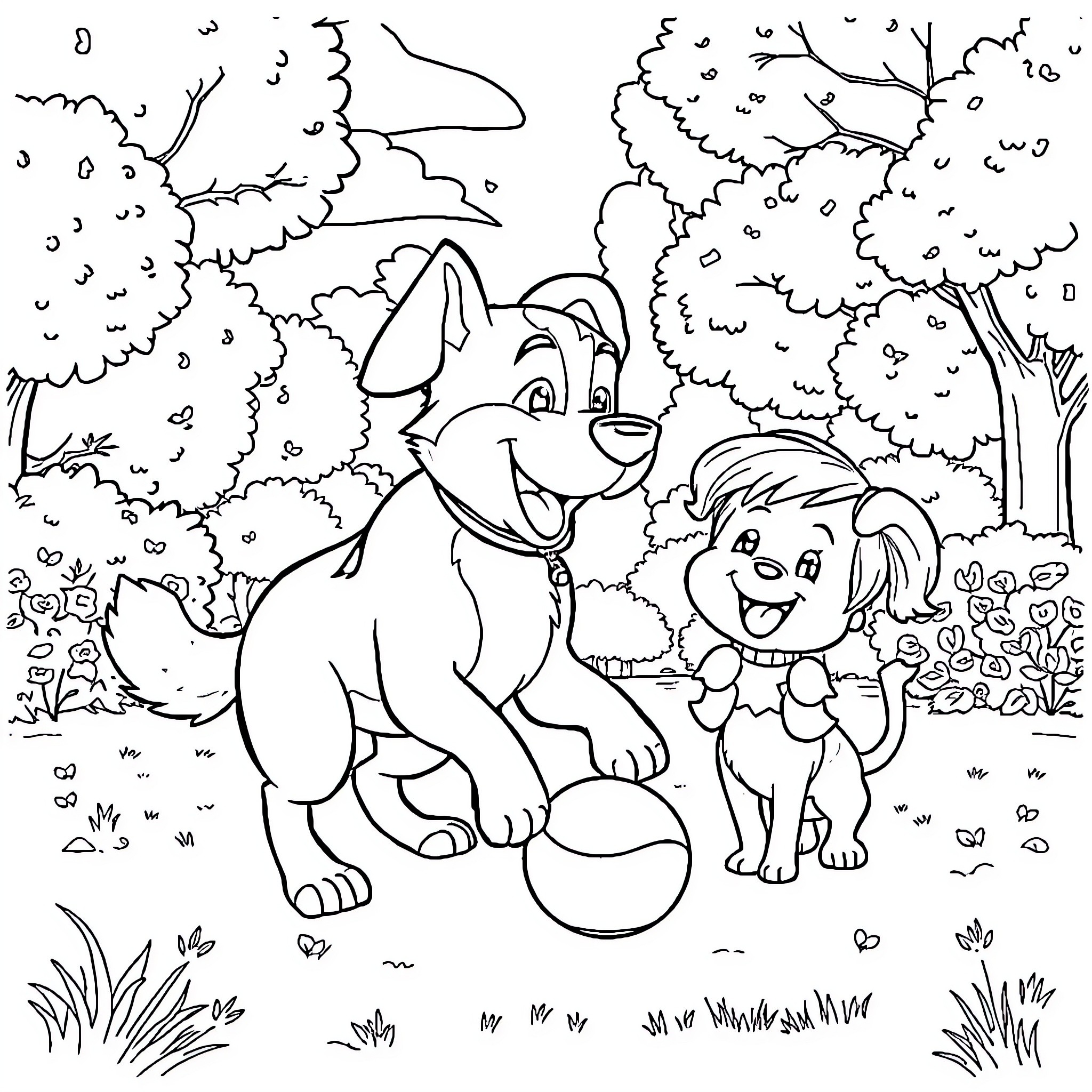 Bluey and friends explore the forest Coloring Page (free black-and-white line drawing printable PDF for all, from beginners to advanced learners, including children, teens, adults, and seniors)