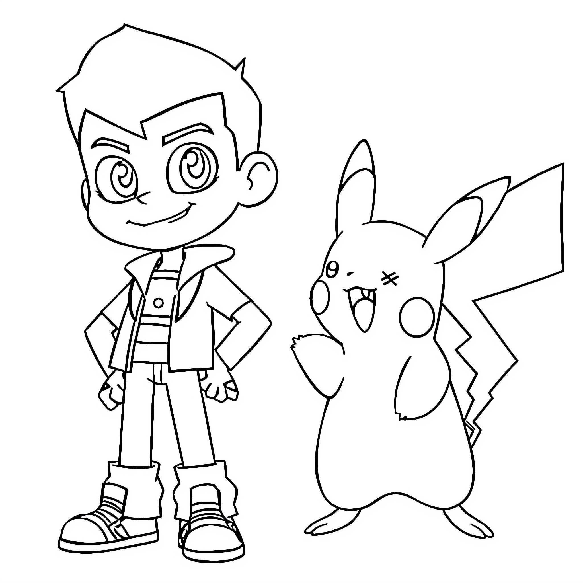 Ben 10 interacting with Pikachu in a cartoon scene Coloring Page (free black-and-white line drawing printable PDF for all, from beginners to advanced learners, including children, teens, adults, and seniors)