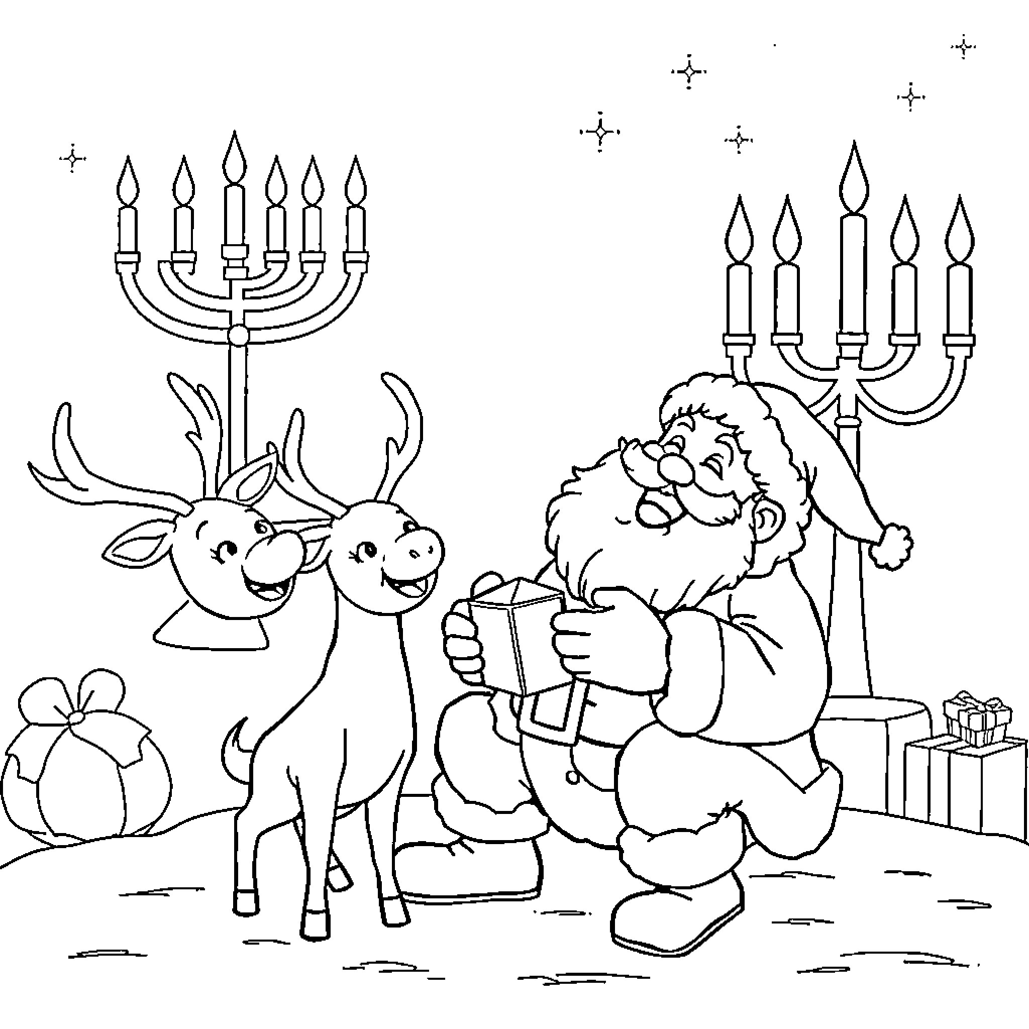 Santa and his reindeer celebrate Hanukkah with menorah Coloring Page (free black-and-white line drawing printable PDF for all, from beginners to advanced learners, including children, teens, adults, and seniors)