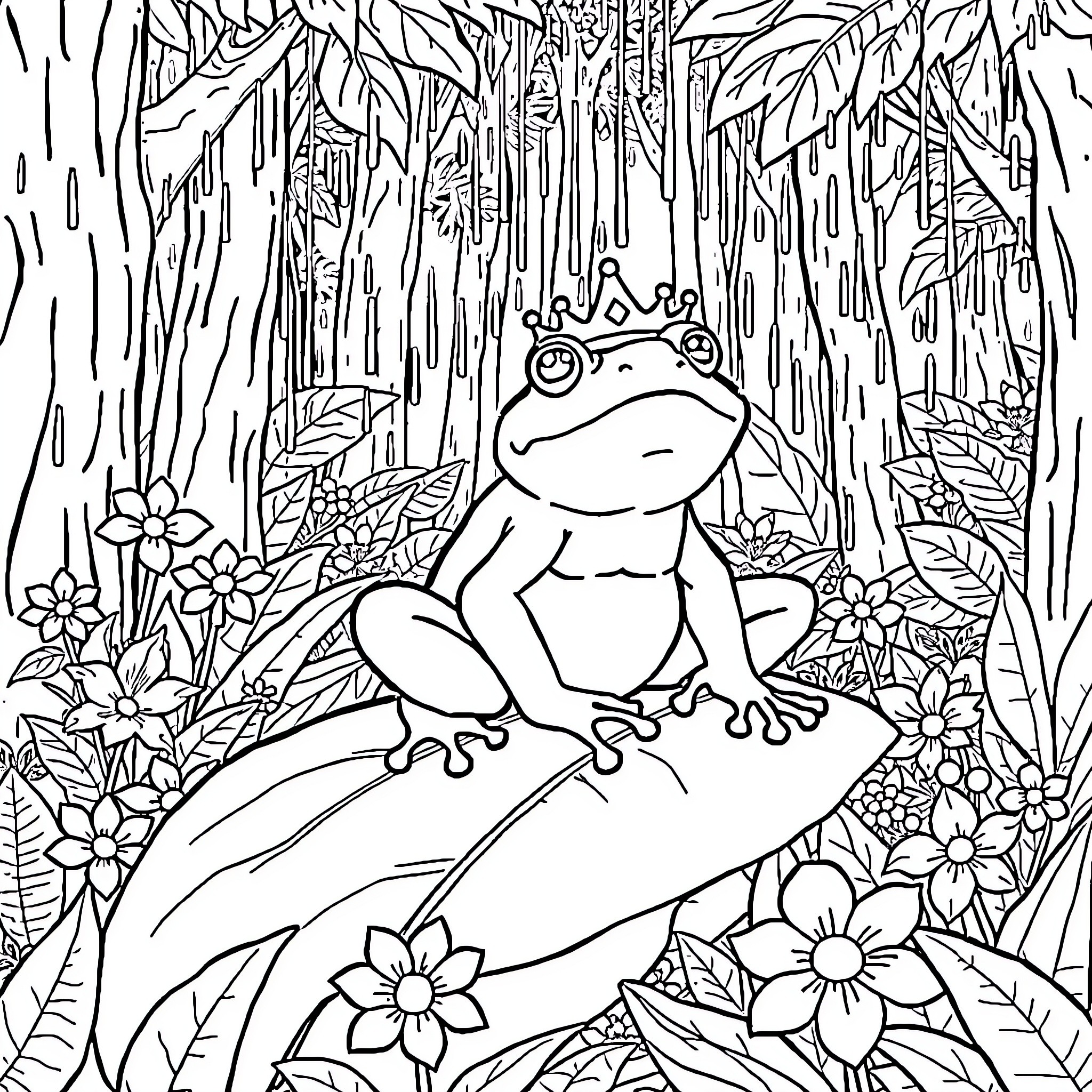 Frog prince in the enchanted forest Coloring Page (free black-and-white line drawing printable PDF for all, from beginners to advanced learners, including children, teens, adults, and seniors)