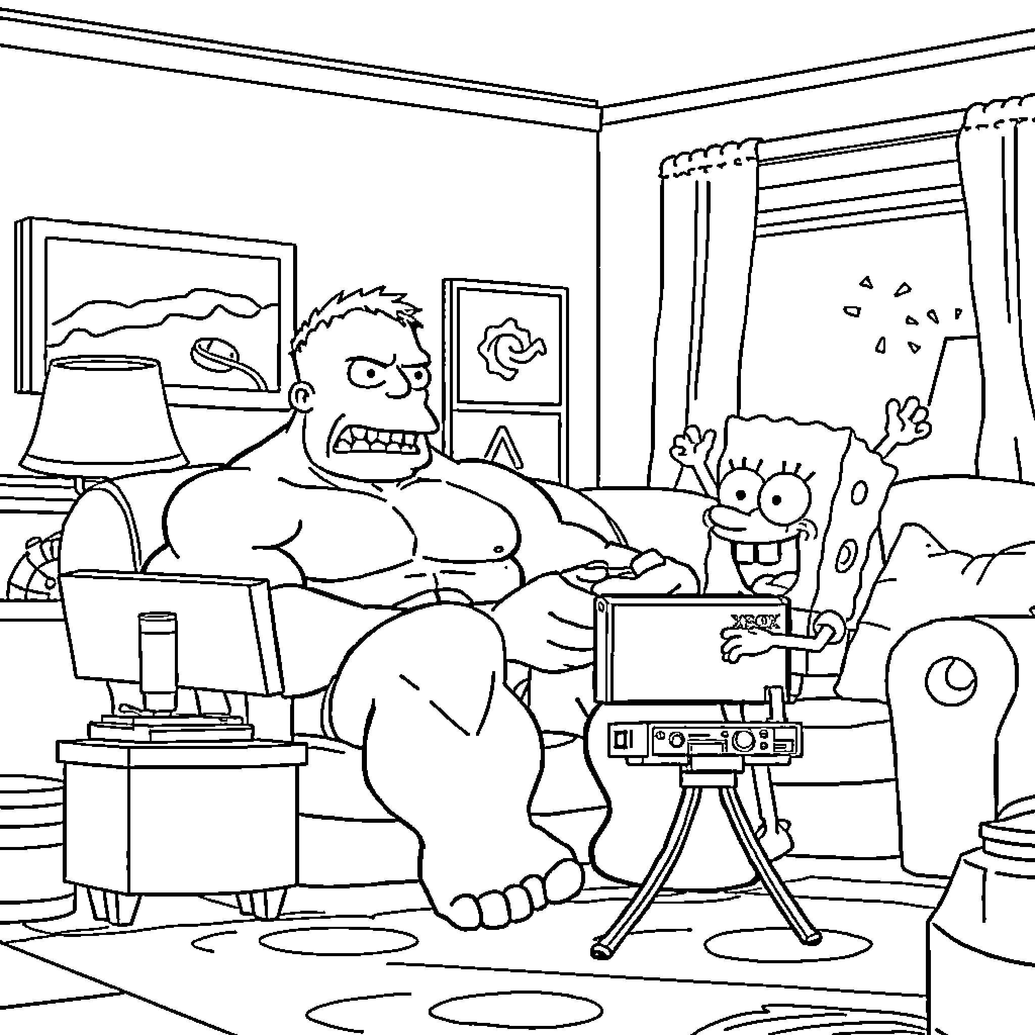 Hulk Relaxes After Intense Video Game Session Coloring Page (free black-and-white line drawing printable PDF for all, from beginners to advanced learners, including children, teens, adults, and seniors)