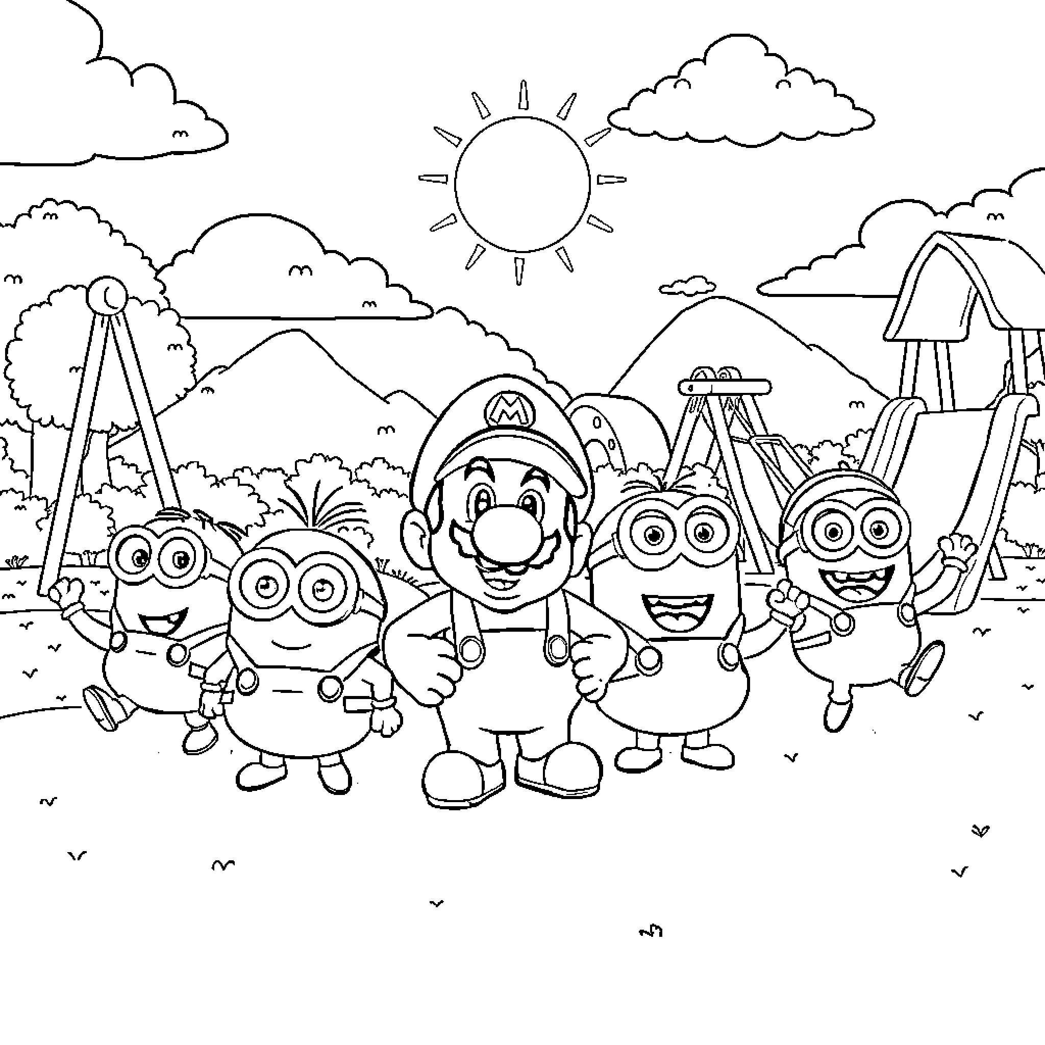 Mario and Minions Playing in Vibrant Outdoor Scene Coloring Page (free black-and-white line drawing printable PDF for all, from beginners to advanced learners, including children, teens, adults, and seniors)