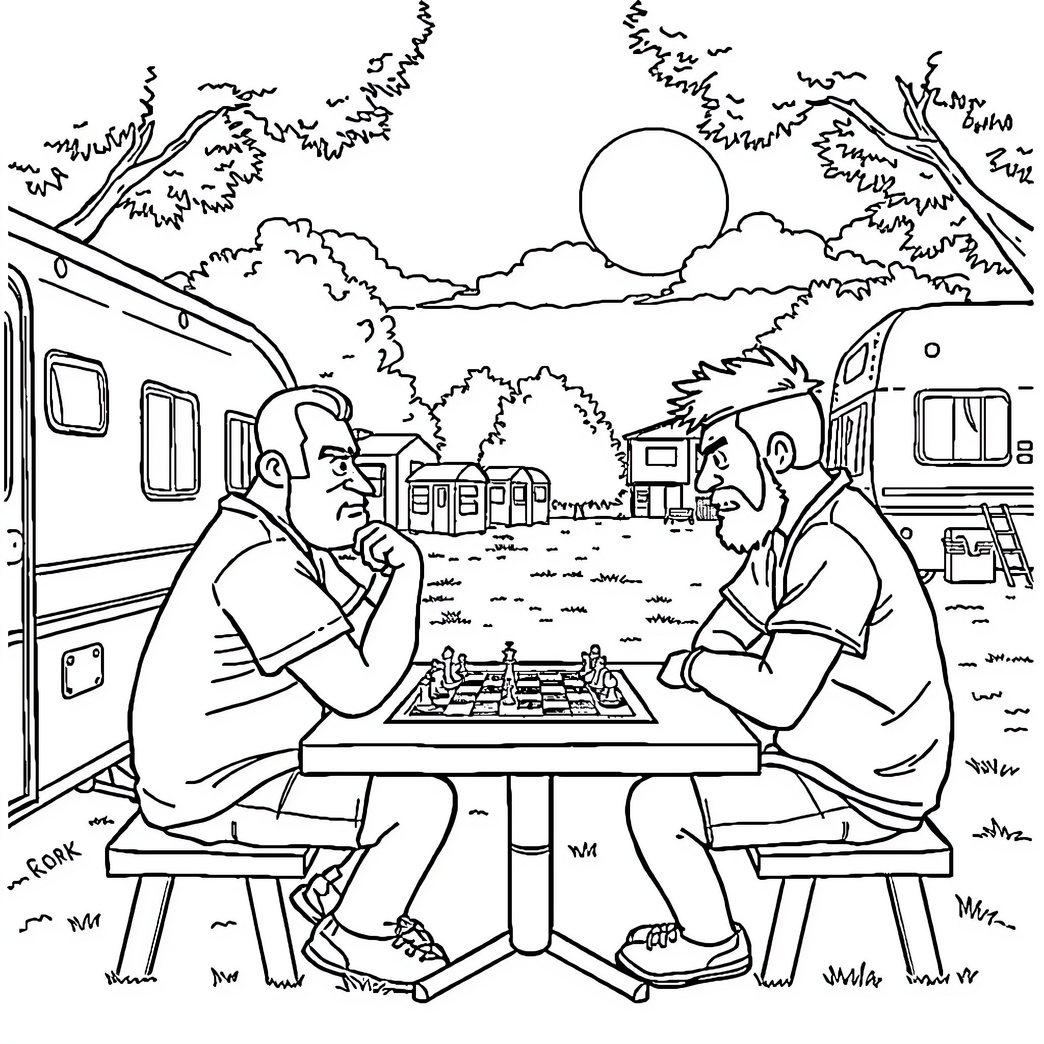 Trailer Park Boys playing chess in the trailer park Coloring Page (free black-and-white line drawing printable PDF for all, from beginners to advanced learners, including children, teens, adults, and seniors)